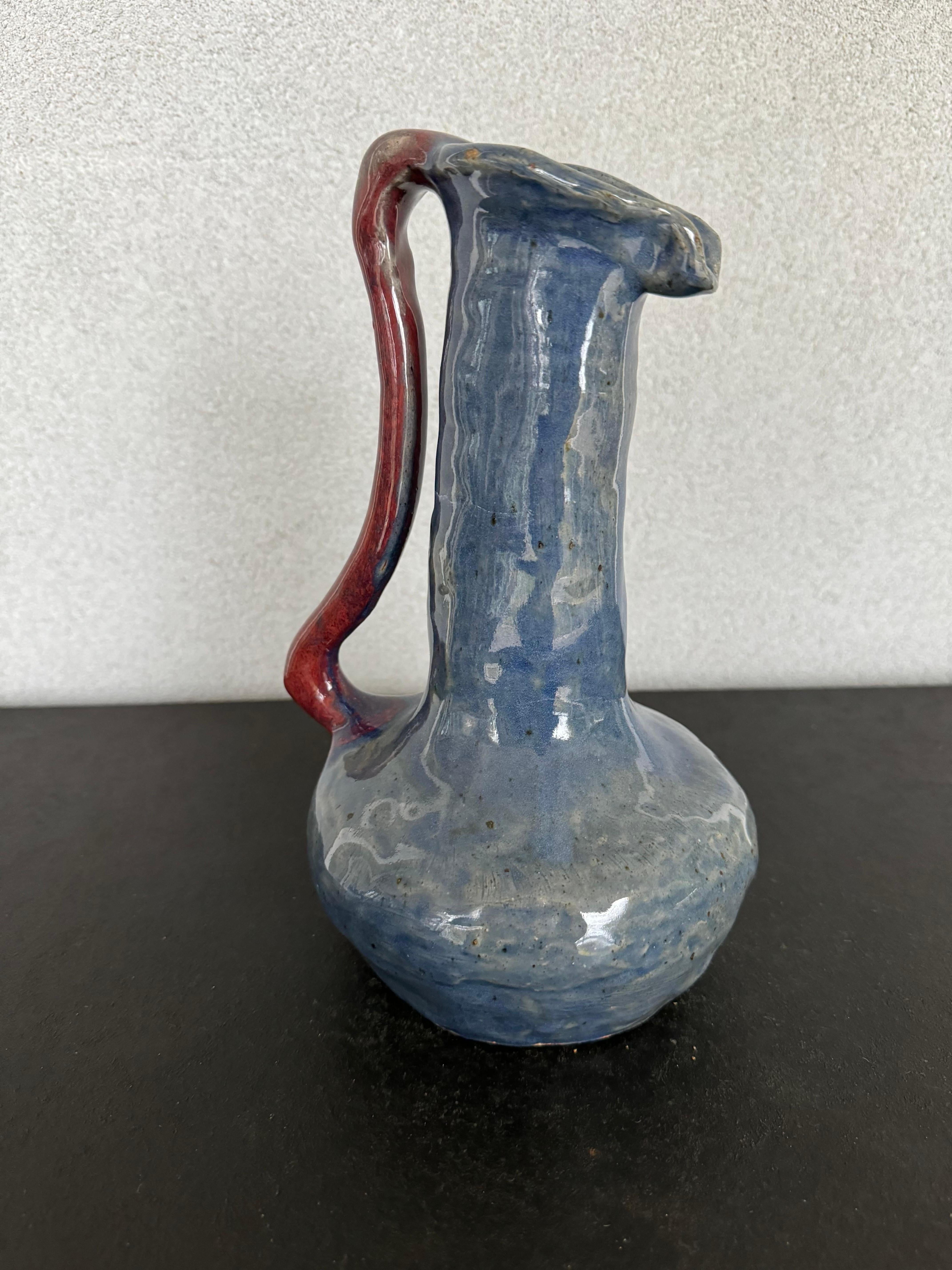 Modern 2005 Hand-Made Glazed Blue Pottery Pitcher  For Sale
