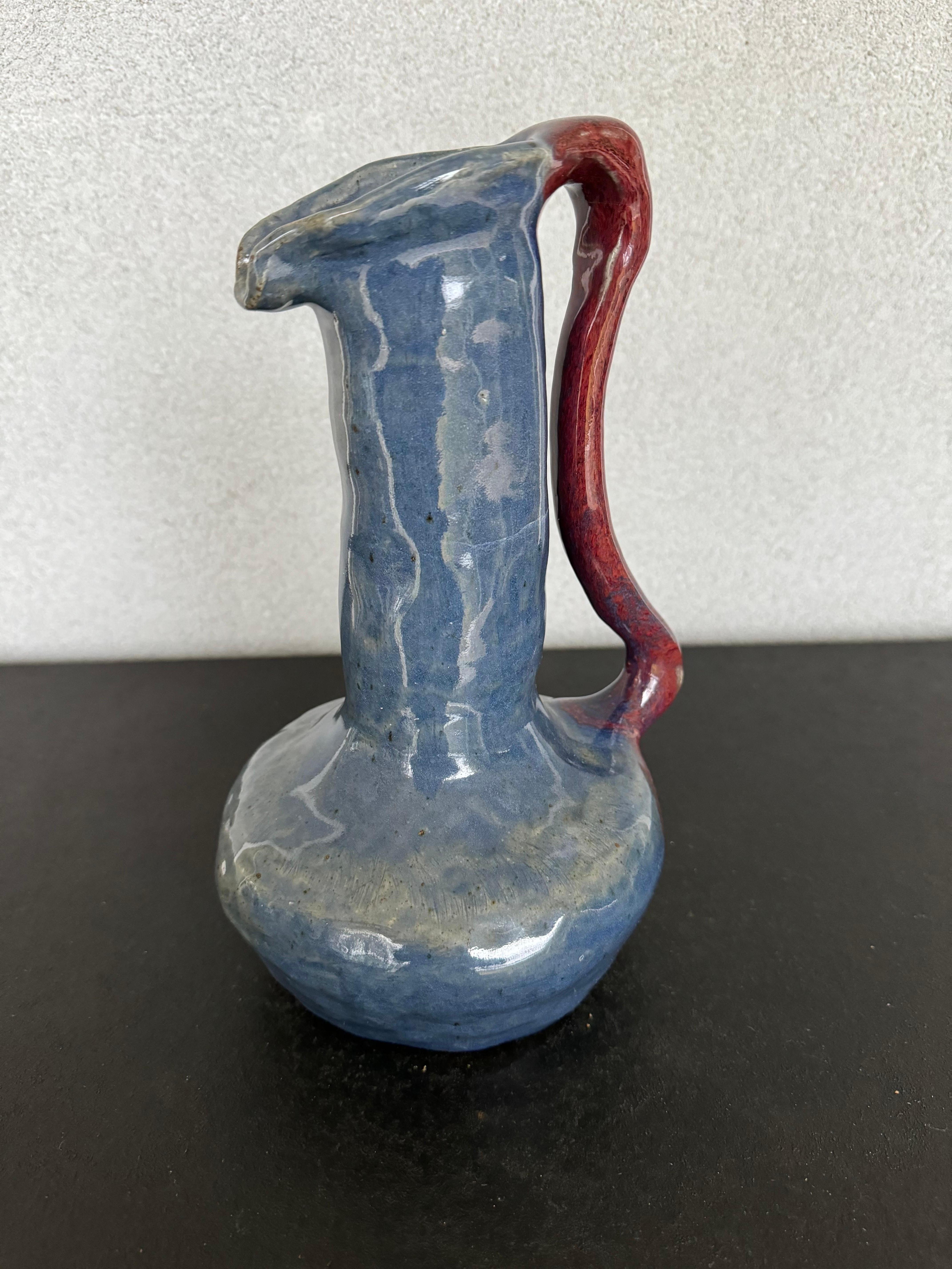 Unknown 2005 Hand-Made Glazed Blue Pottery Pitcher  For Sale