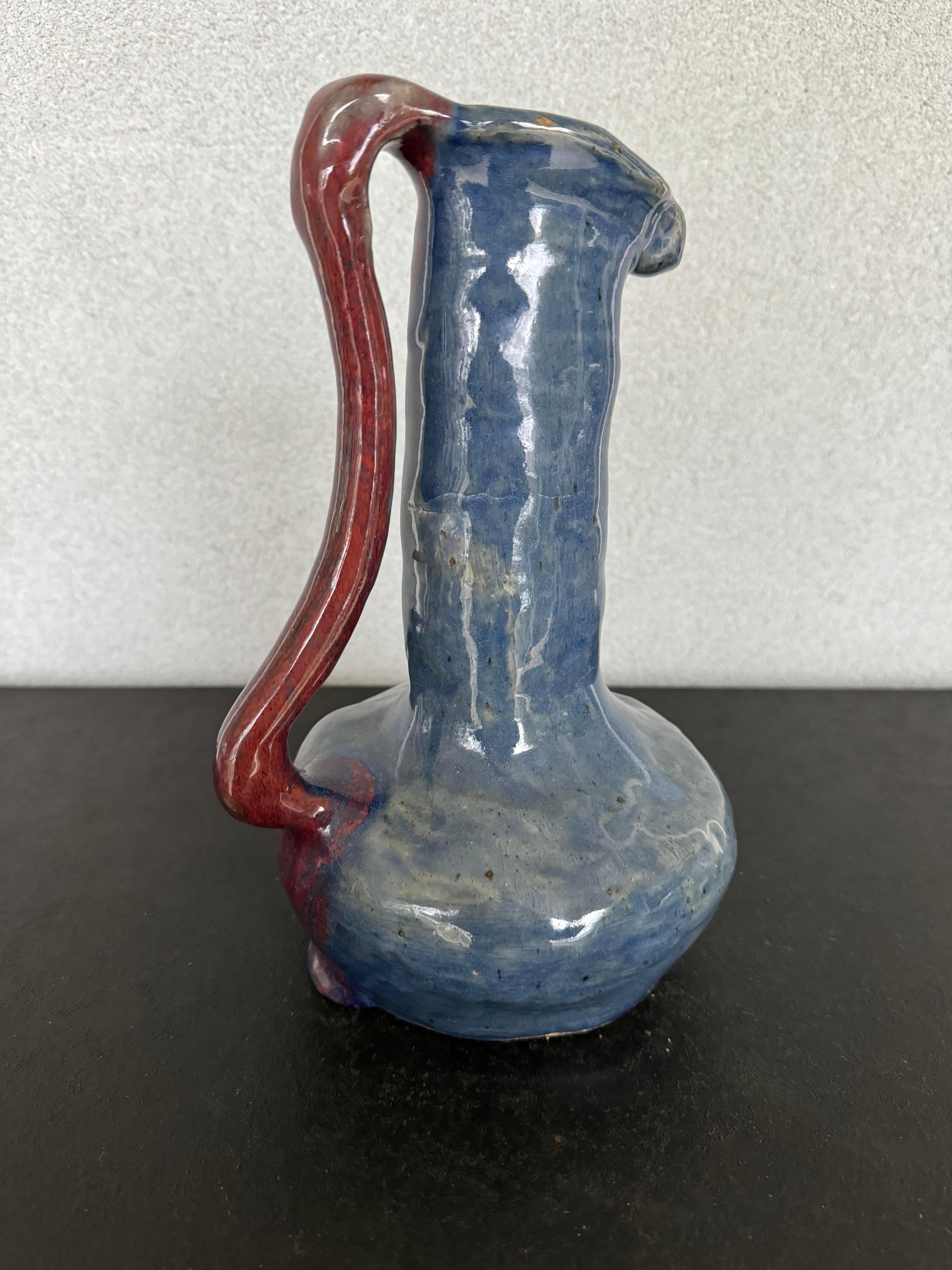 Contemporary 2005 Hand-Made Glazed Blue Pottery Pitcher  For Sale
