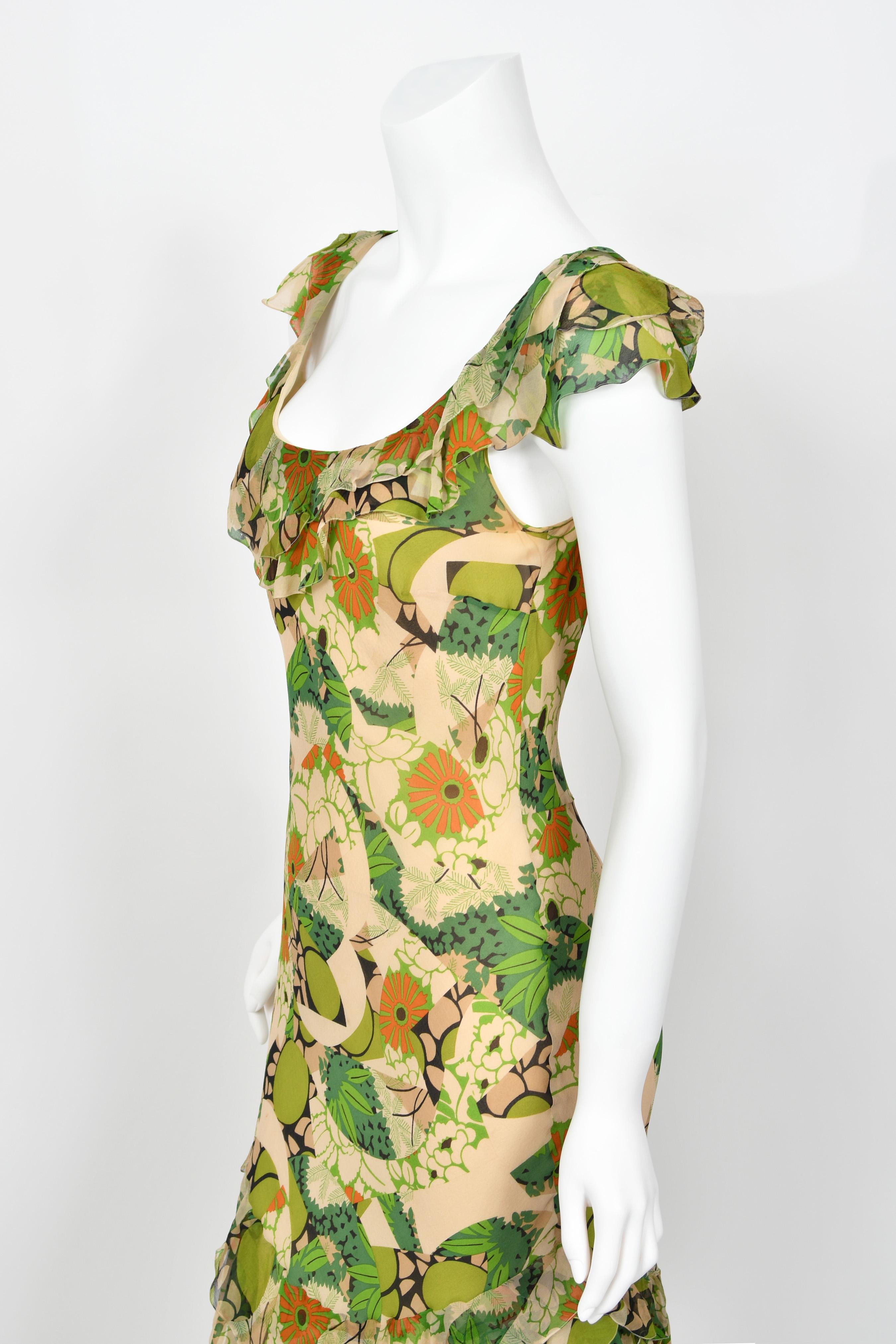 2005 John Galliano Green & Beige Floral Print Silk Tiered Ruffle Bias-Cut Dress 6