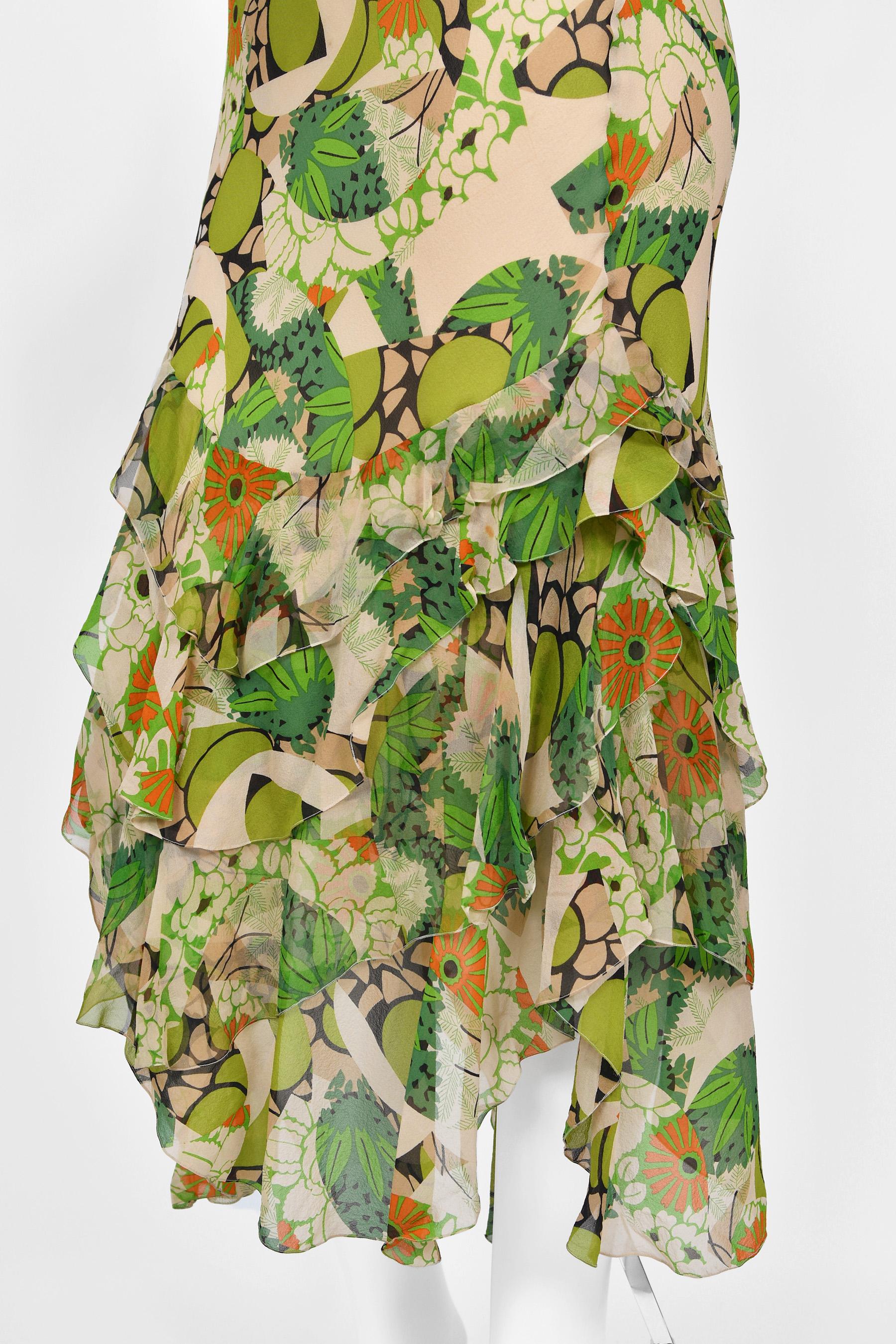 2005 John Galliano Green & Beige Floral Print Silk Tiered Ruffle Bias-Cut Dress 7