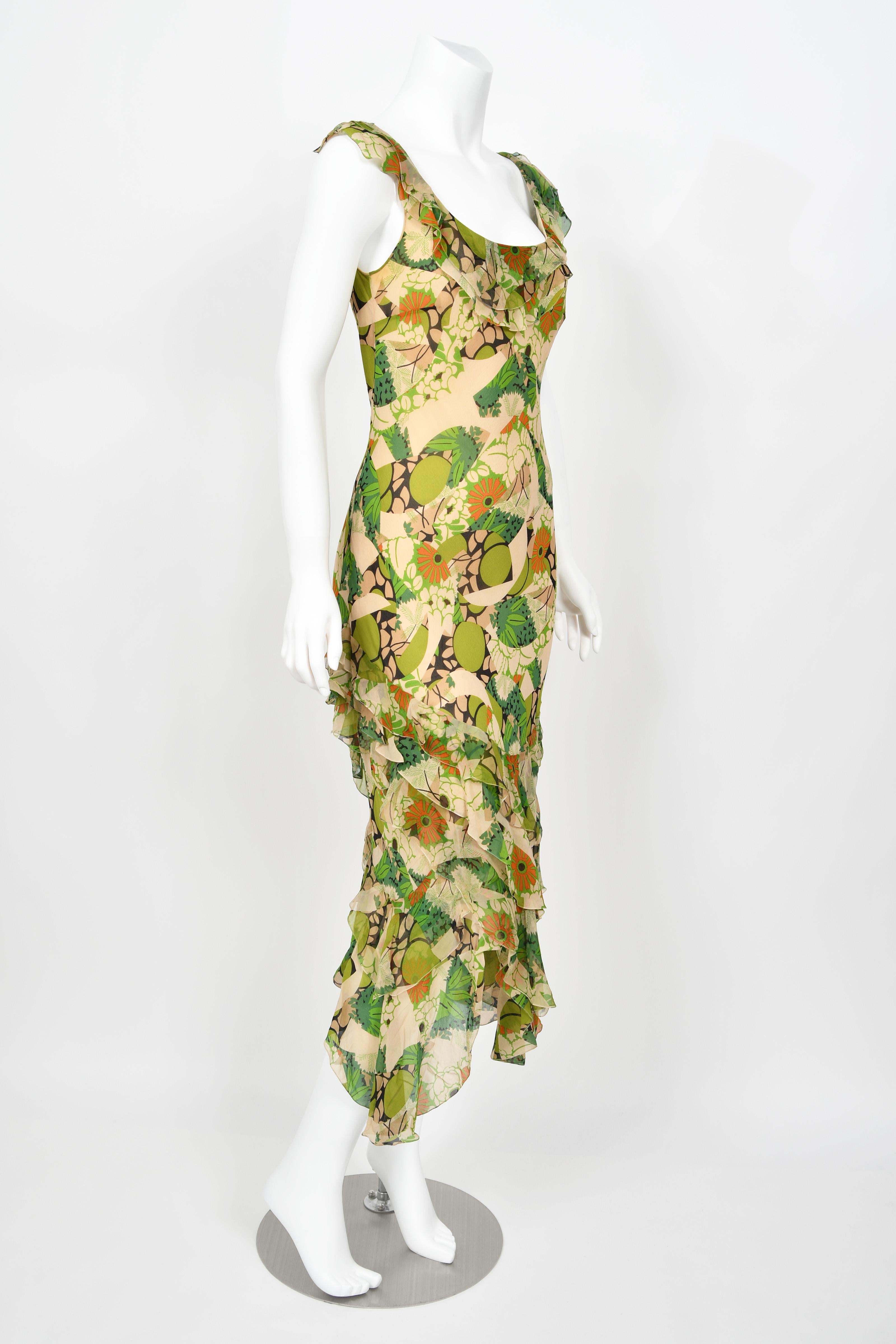 2005 John Galliano Green & Beige Floral Print Silk Tiered Ruffle Bias-Cut Dress 8