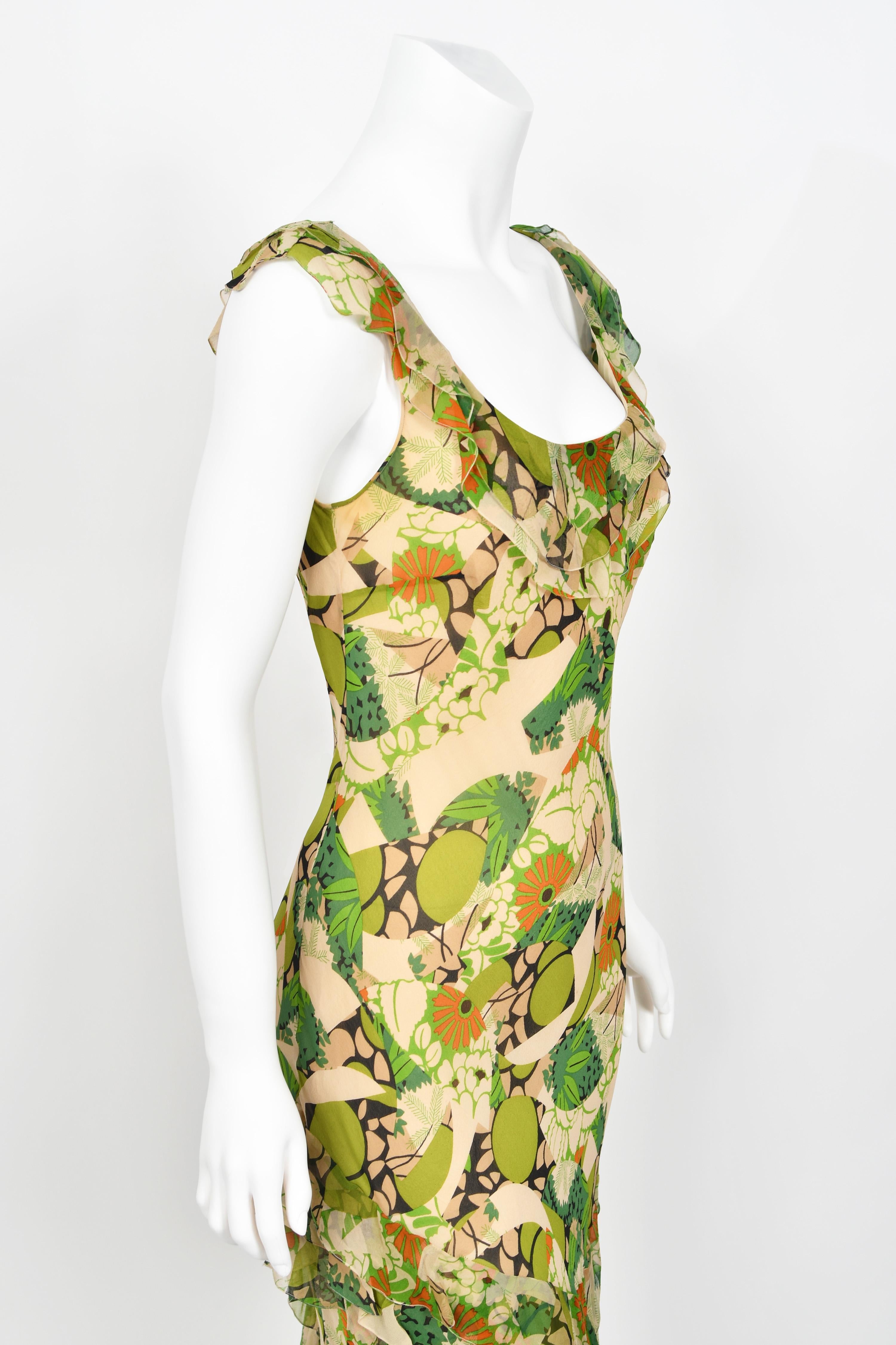 2005 John Galliano Green & Beige Floral Print Silk Tiered Ruffle Bias-Cut Dress 9
