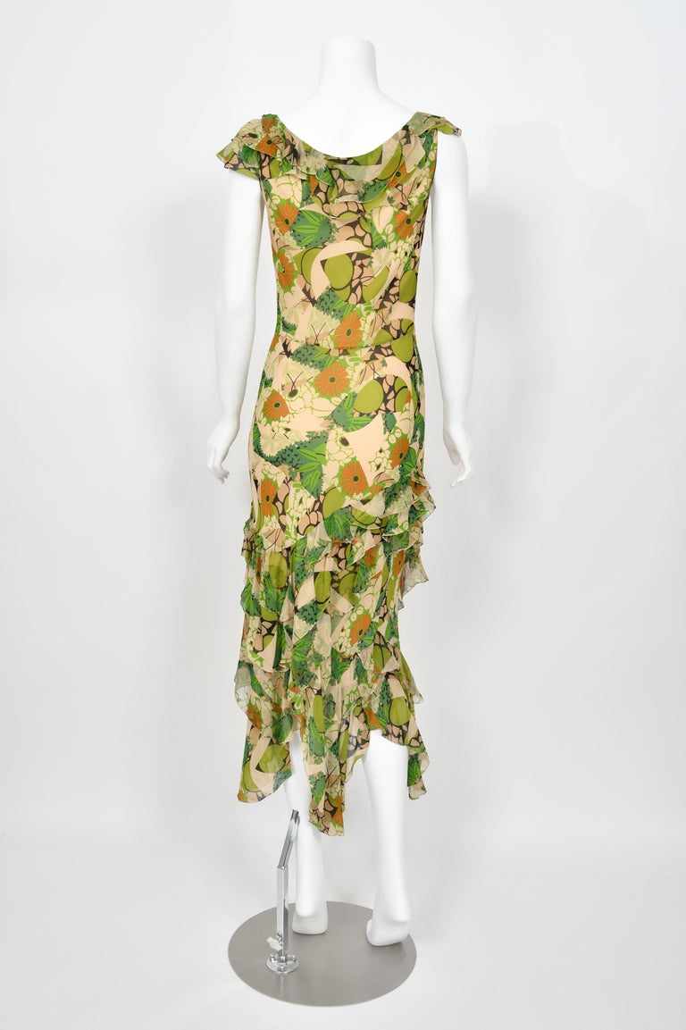 2005 John Galliano Green and Beige Floral Print Silk Tiered Ruffle Bias-Cut  Dress at 1stDibs