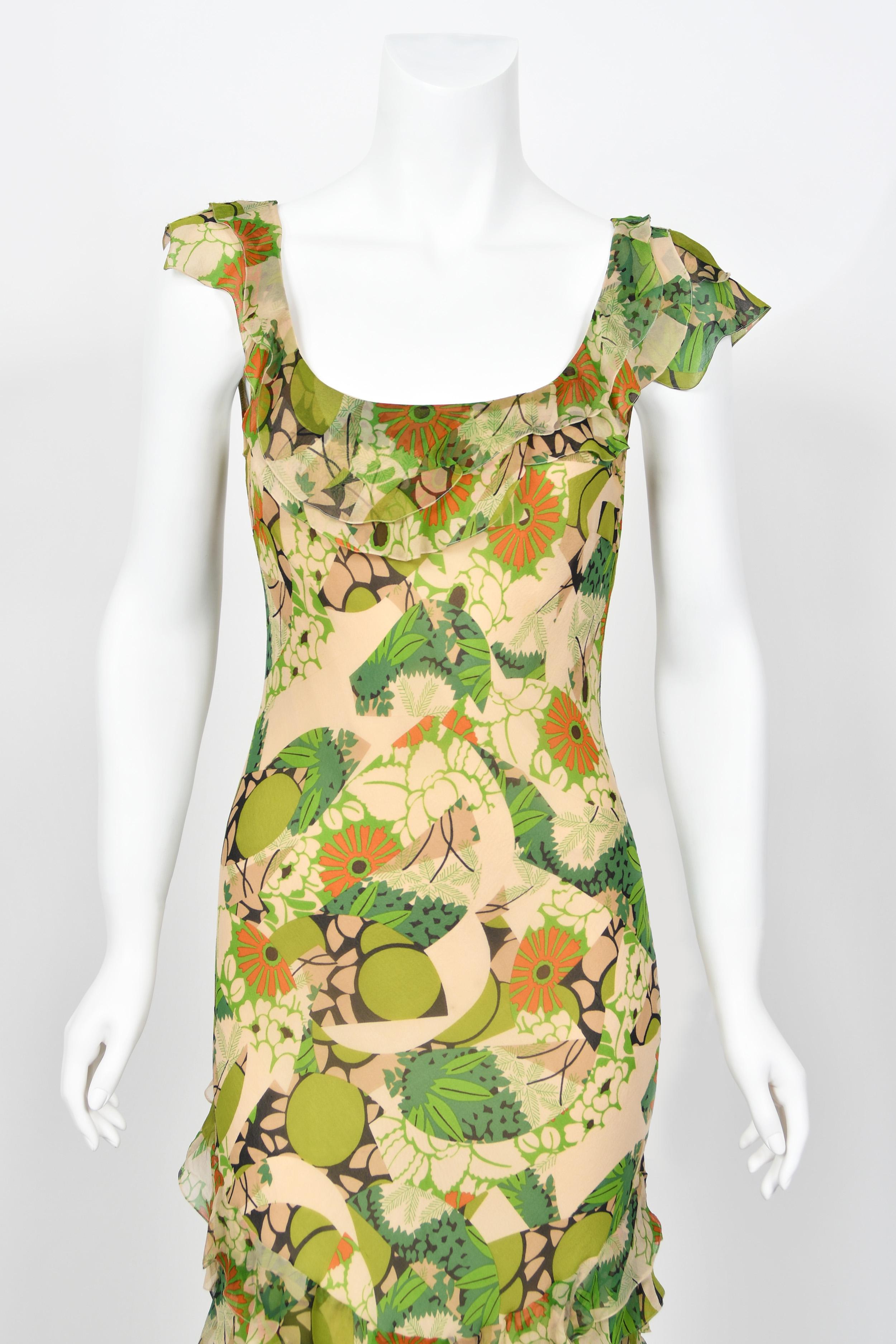 2005 John Galliano Green & Beige Floral Print Silk Tiered Ruffle Bias-Cut Dress 4
