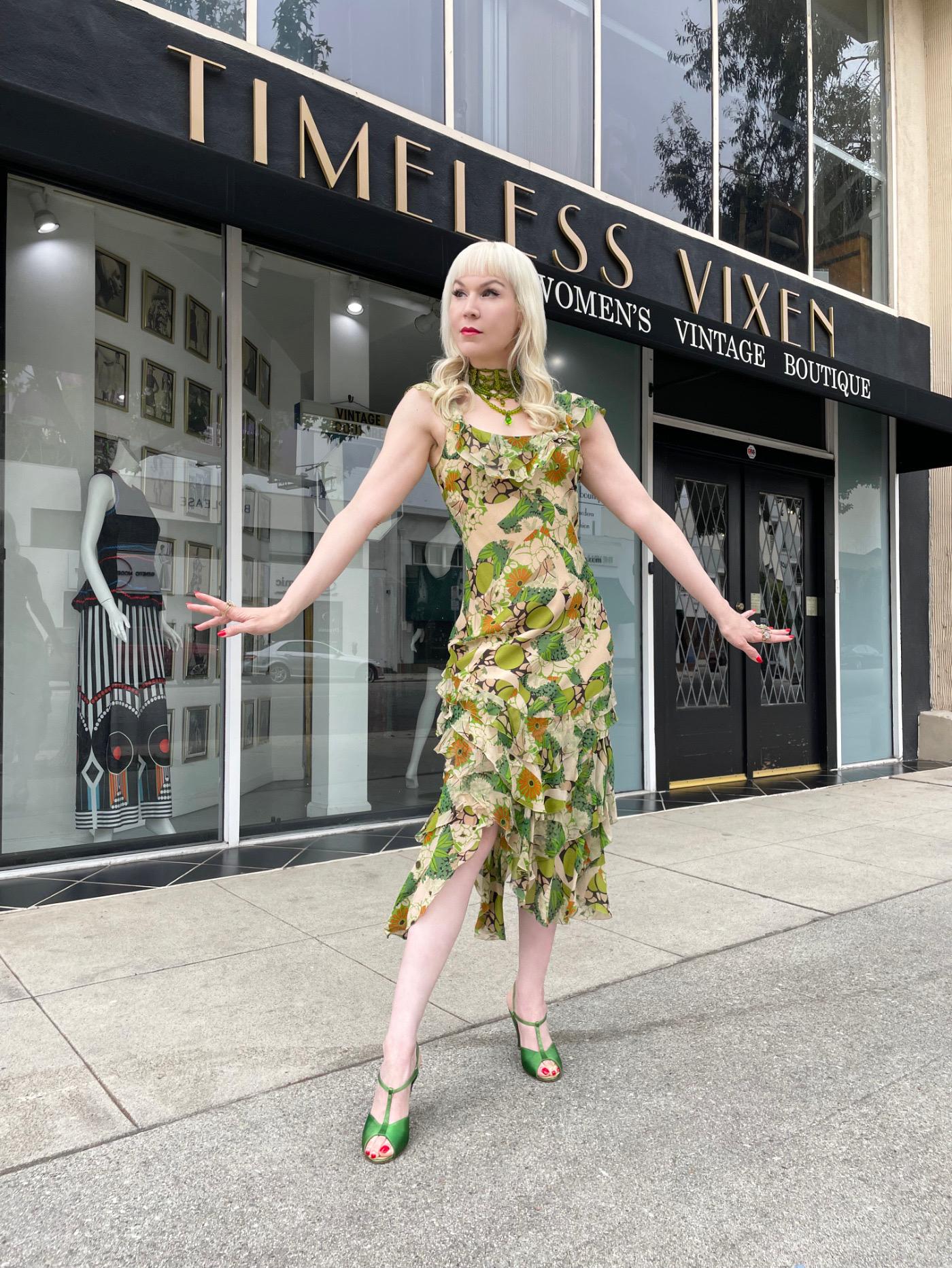2005 John Galliano Green & Beige Floral Print Silk Tiered Ruffle Bias-Cut Dress 13