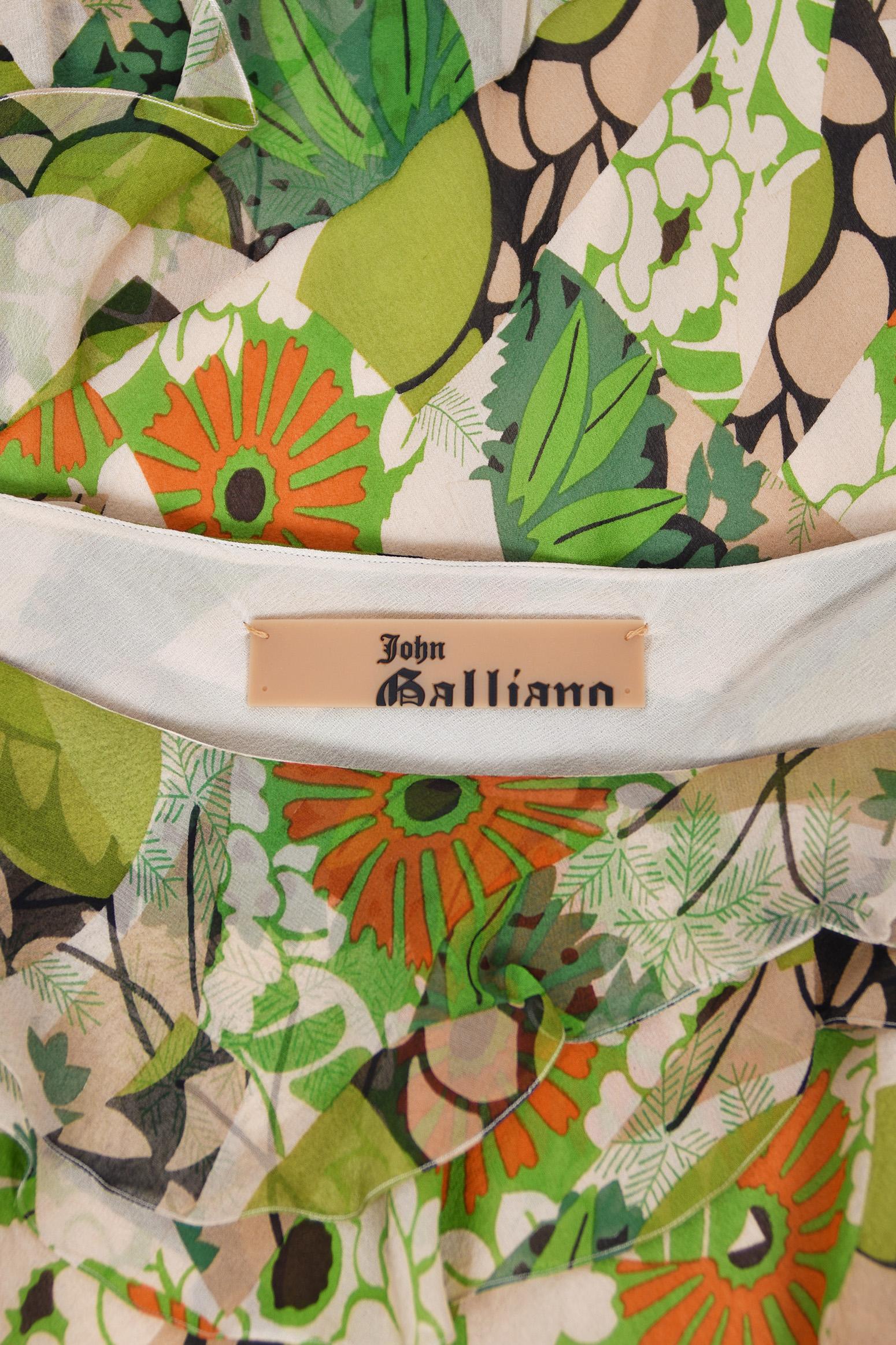 2005 John Galliano Green & Beige Floral Print Silk Tiered Ruffle Bias-Cut Dress 14