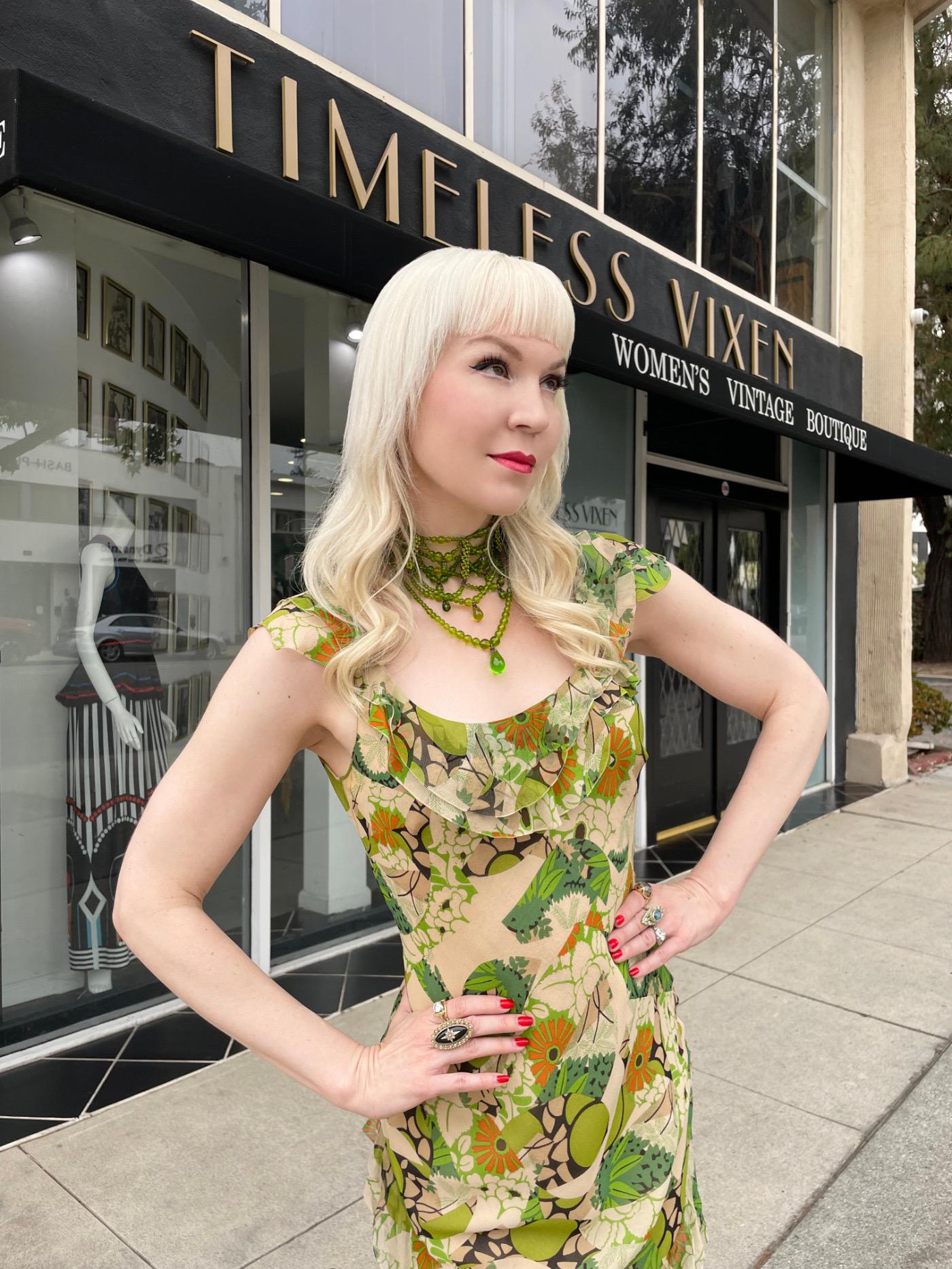 2005 John Galliano Green & Beige Floral Print Silk Tiered Ruffle Bias-Cut Dress In Good Condition In Beverly Hills, CA