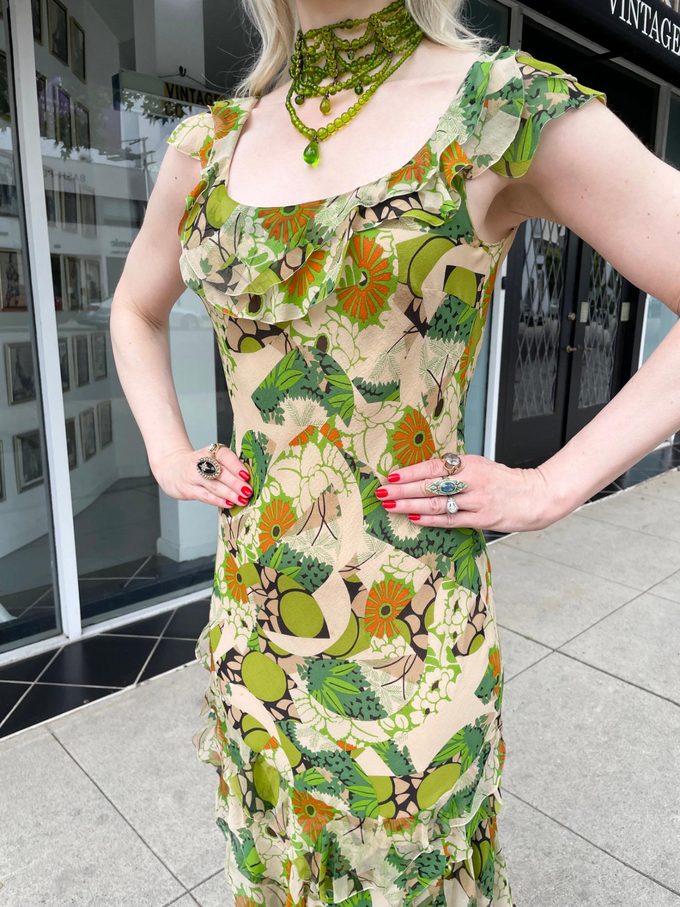 Women's 2005 John Galliano Green & Beige Floral Print Silk Tiered Ruffle Bias-Cut Dress