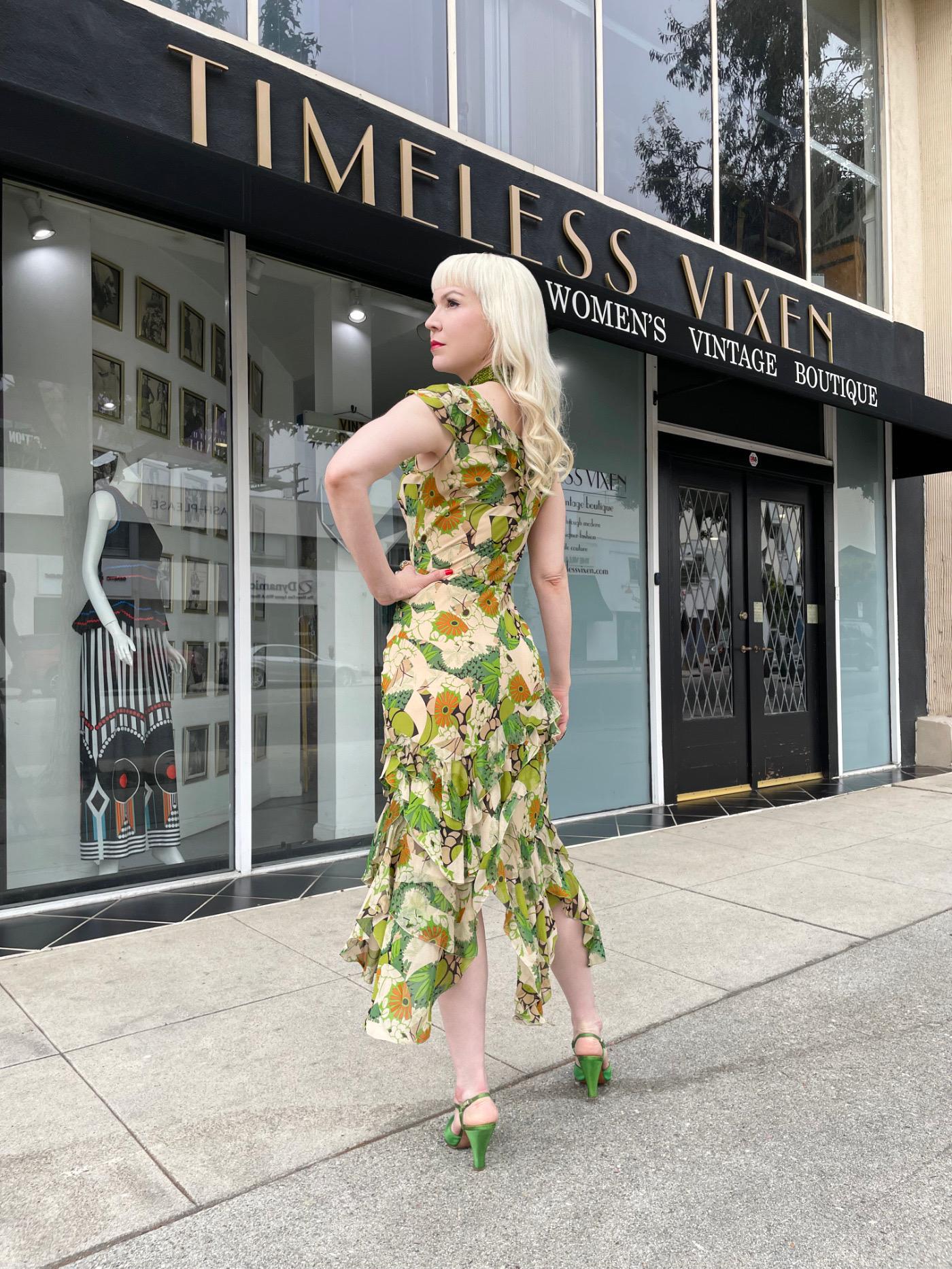 2005 John Galliano Green & Beige Floral Print Silk Tiered Ruffle Bias-Cut Dress 2