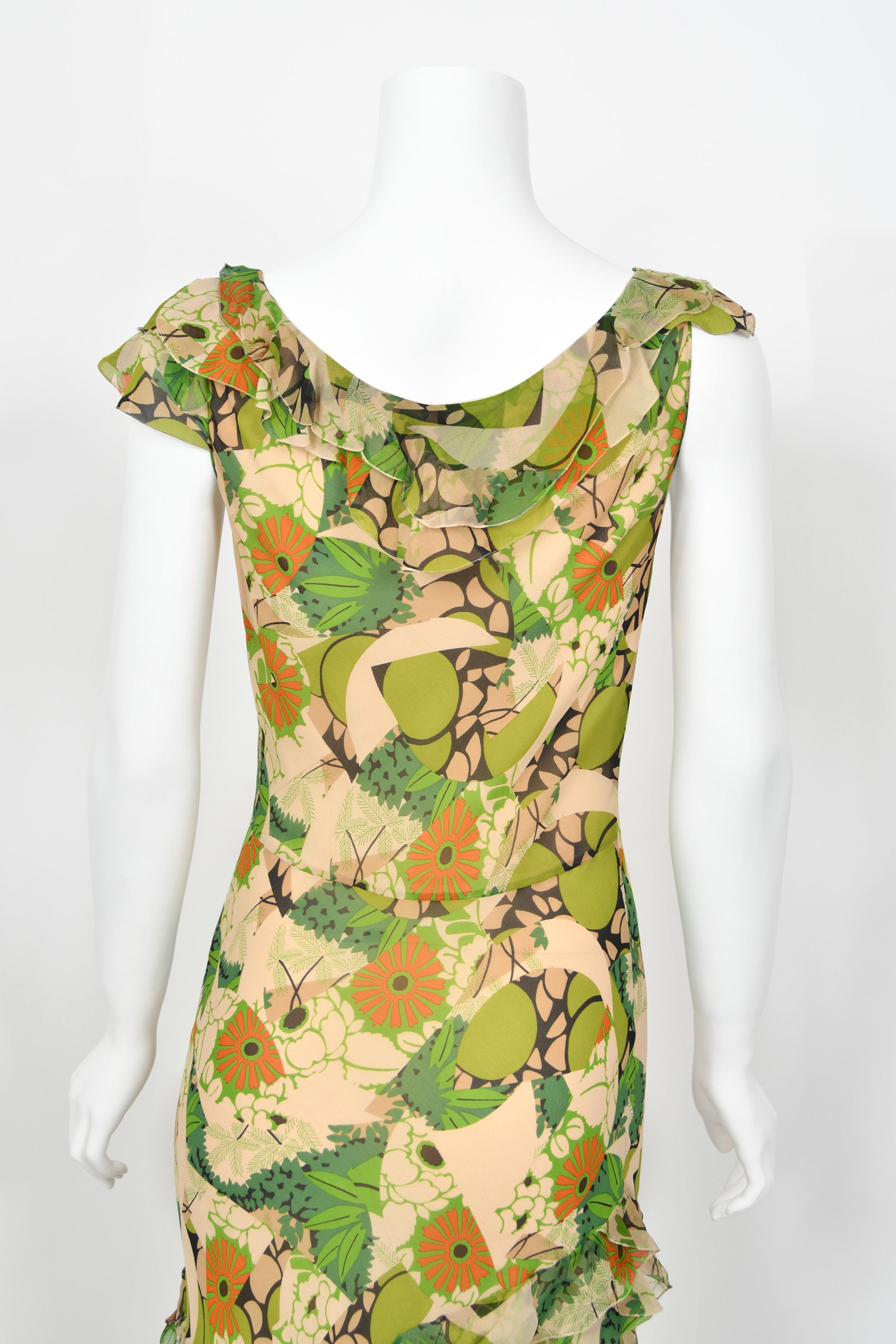 2005 John Galliano Green & Beige Floral Print Silk Tiered Ruffle Bias-Cut Dress 12