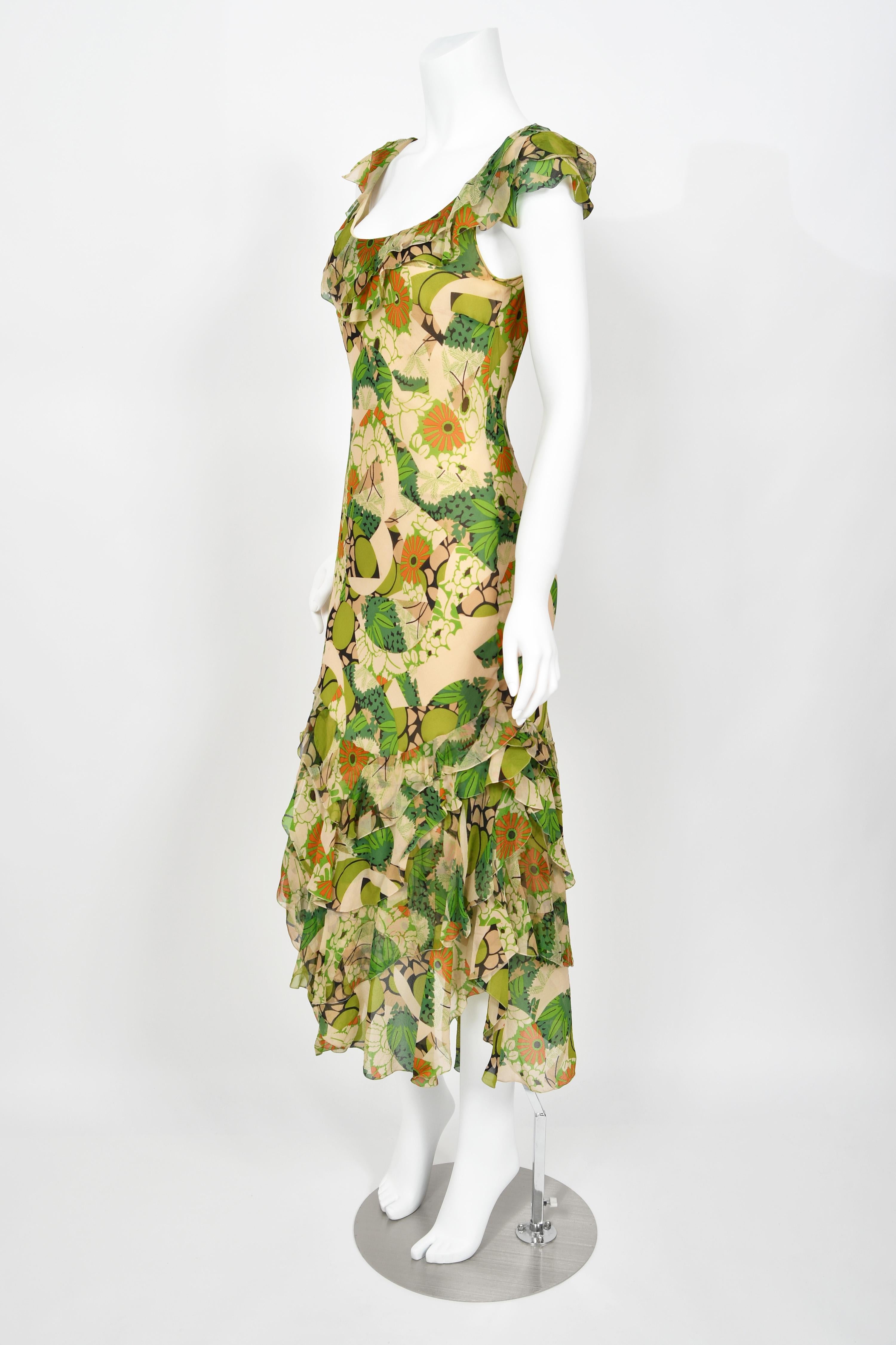 2005 John Galliano Green & Beige Floral Print Silk Tiered Ruffle Bias-Cut Dress 5
