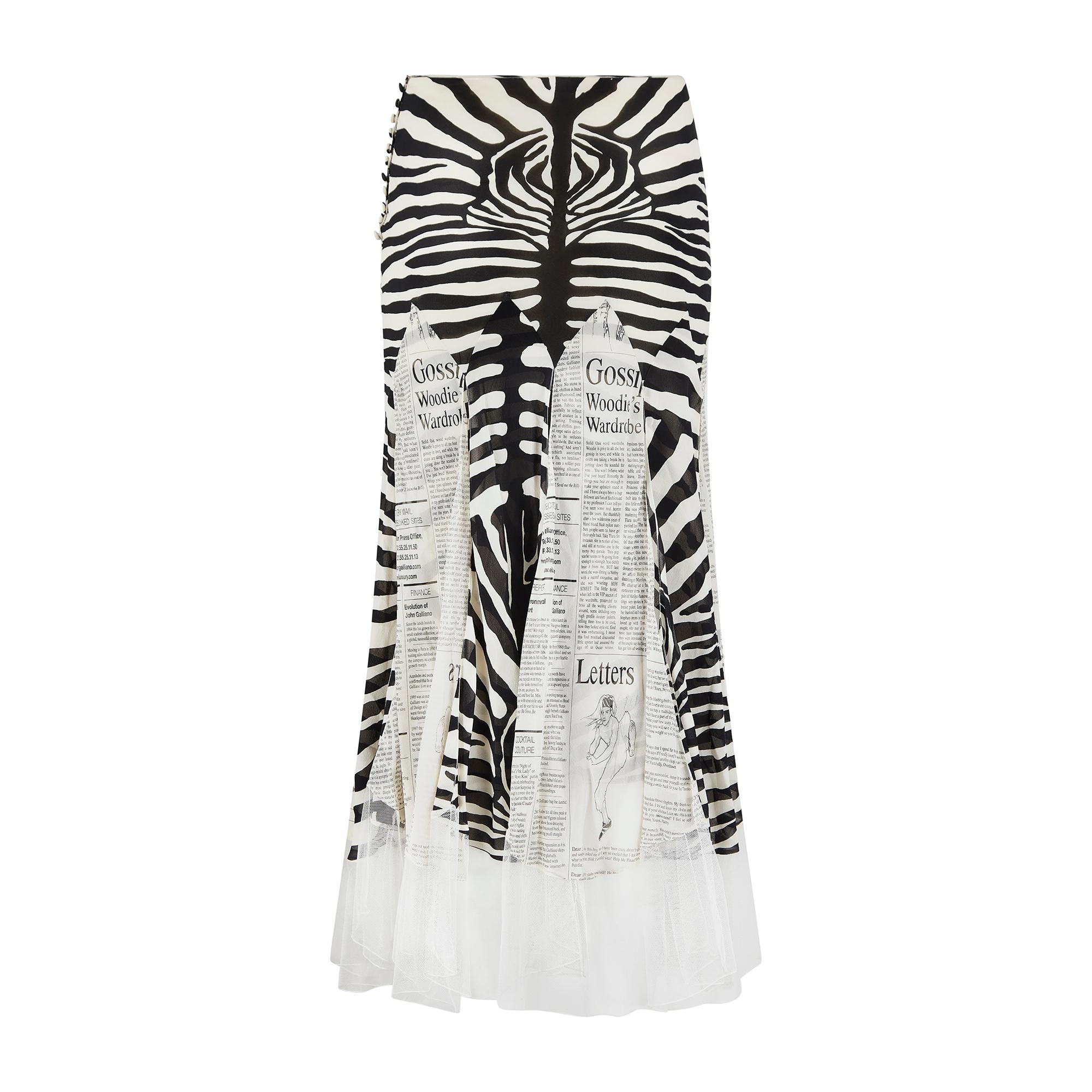 Gray 2005 John Galliano Zebra and Newspaper Print Silk Skirt For Sale