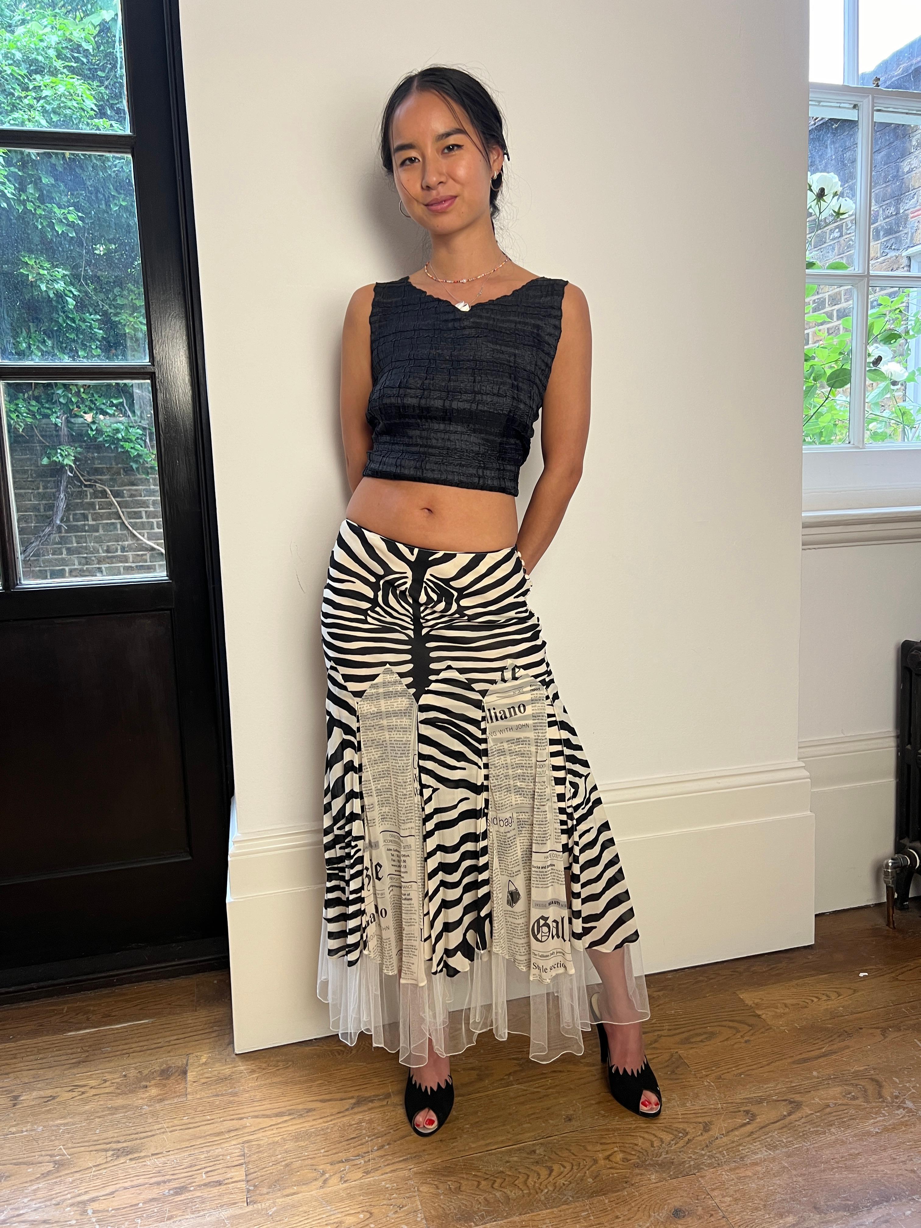 Women's 2005 John Galliano Zebra and Newspaper Print Silk Skirt For Sale