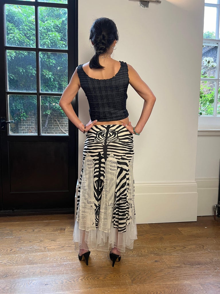 2005 John Galliano Zebra and Newspaper Print Silk Skirt For Sale