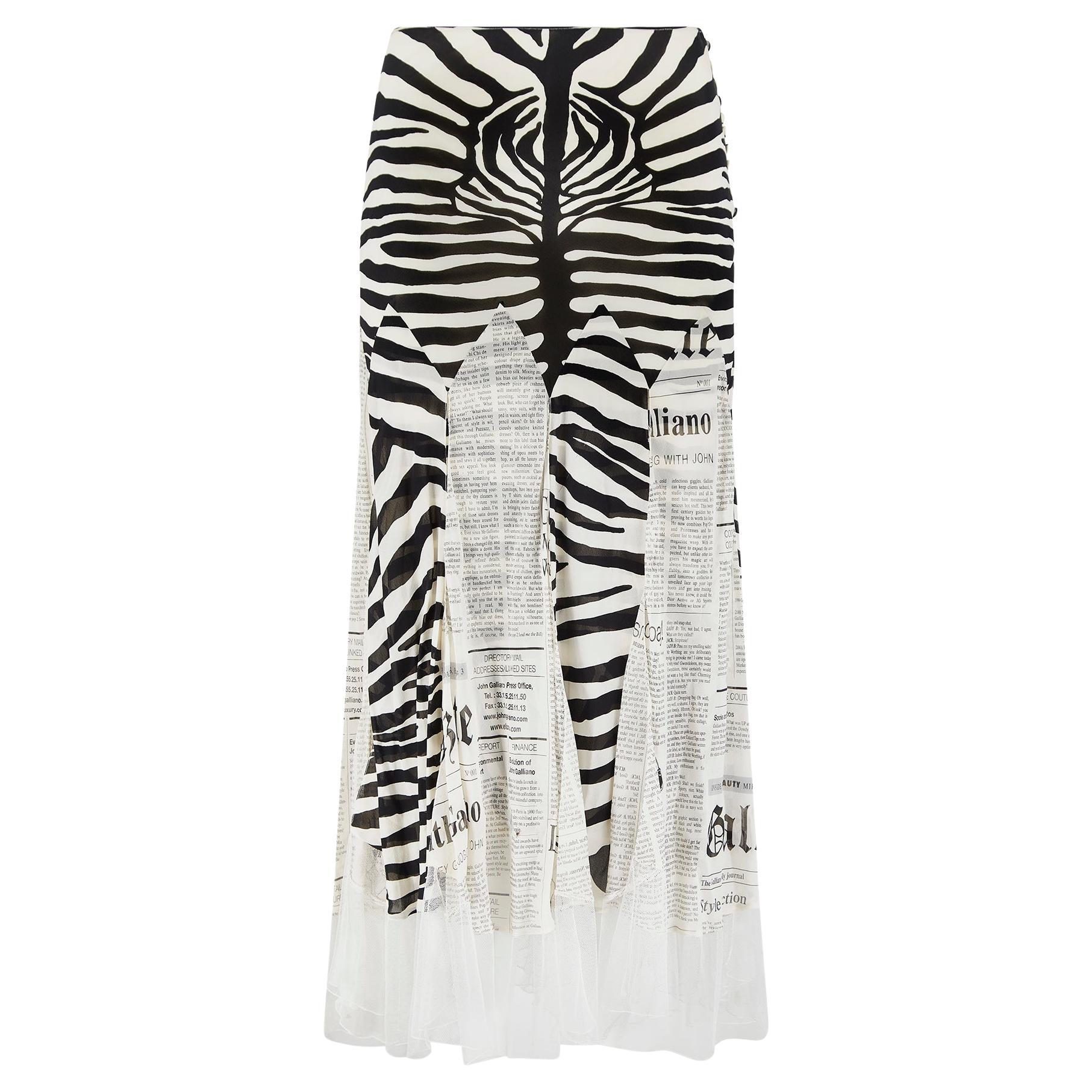 2005 John Galliano Zebra and Newspaper Print Silk Skirt For Sale