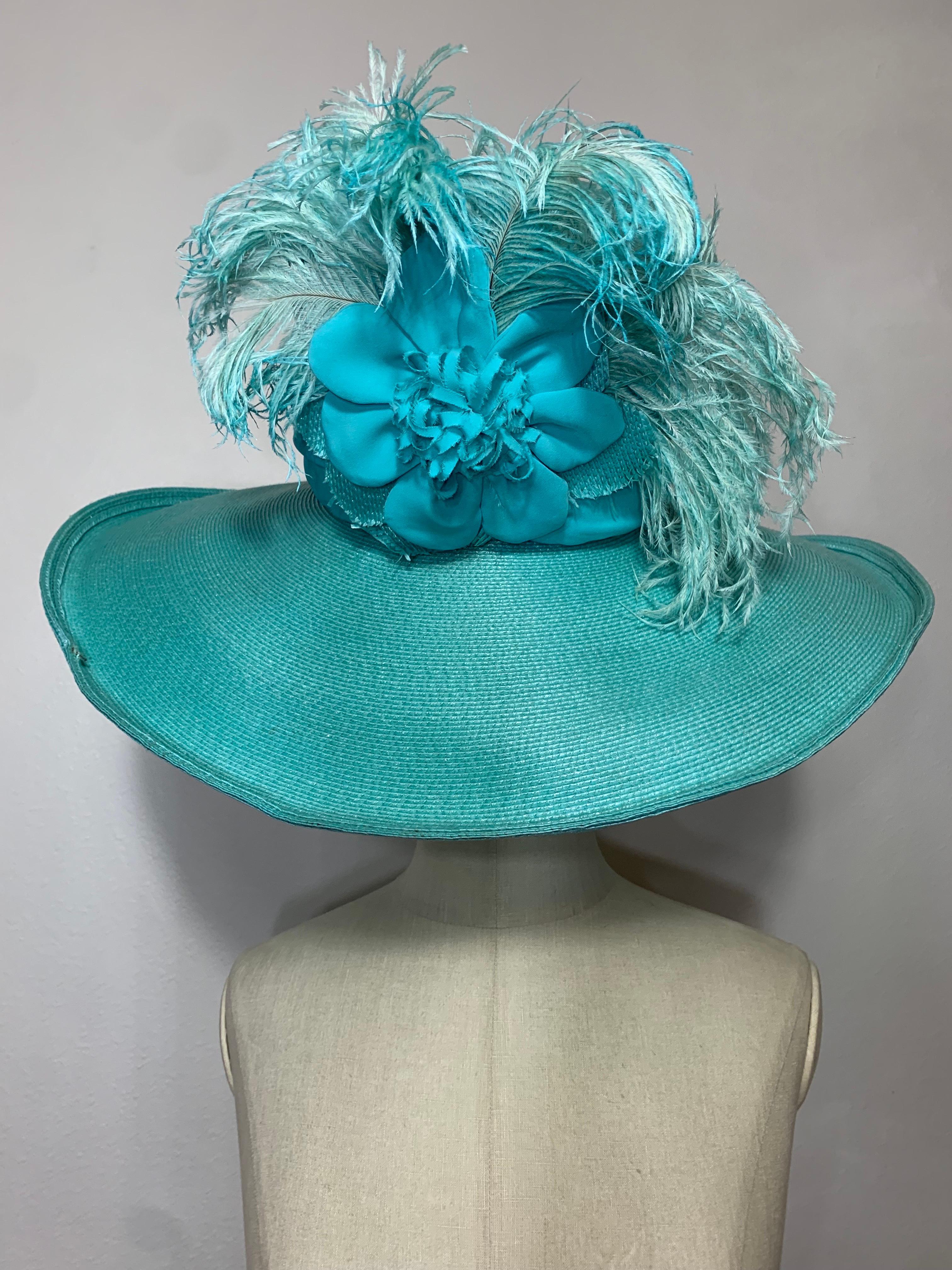 2005 Maison Michel Aqua Straw Wide Brim Hat w Extravagant Feather & Floral Trim For Sale 6