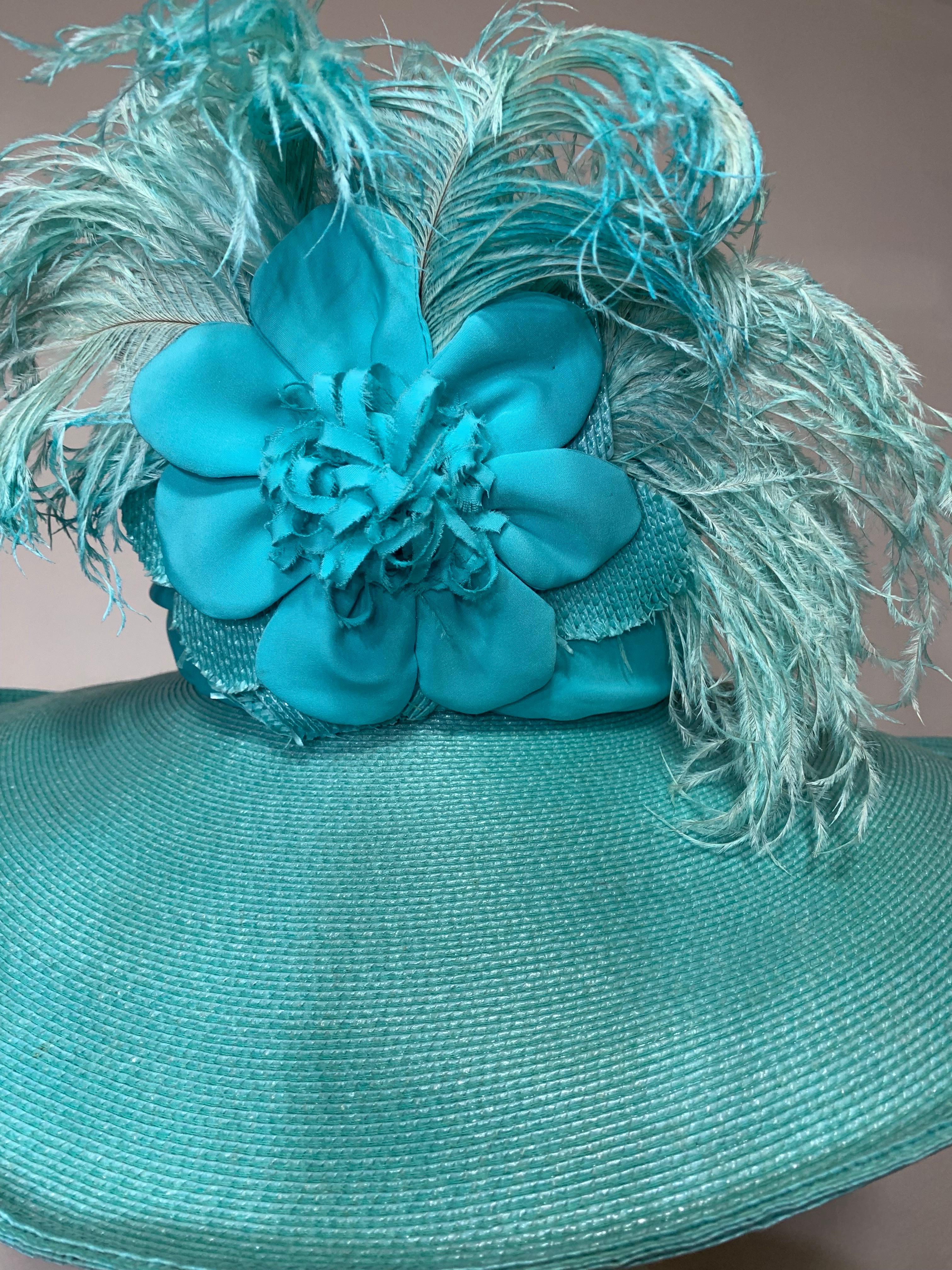 2005 Maison Michel Aqua Straw Wide Brim Hat w Extravagant Feather & Floral Trim For Sale 7