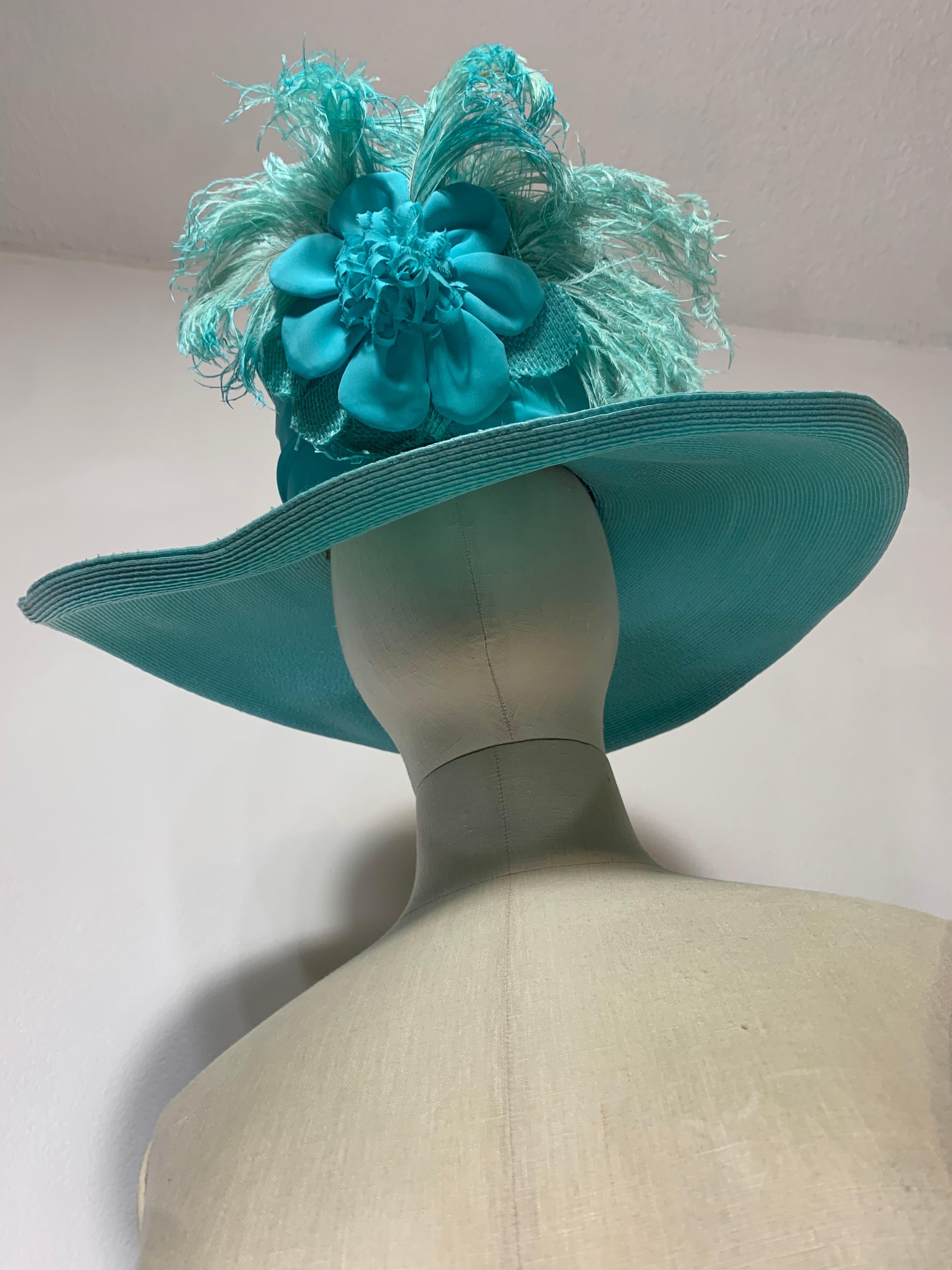 2005 Maison Michel Aqua Straw Wide Brim Hat w Extravagant Feather & Floral Trim For Sale 8