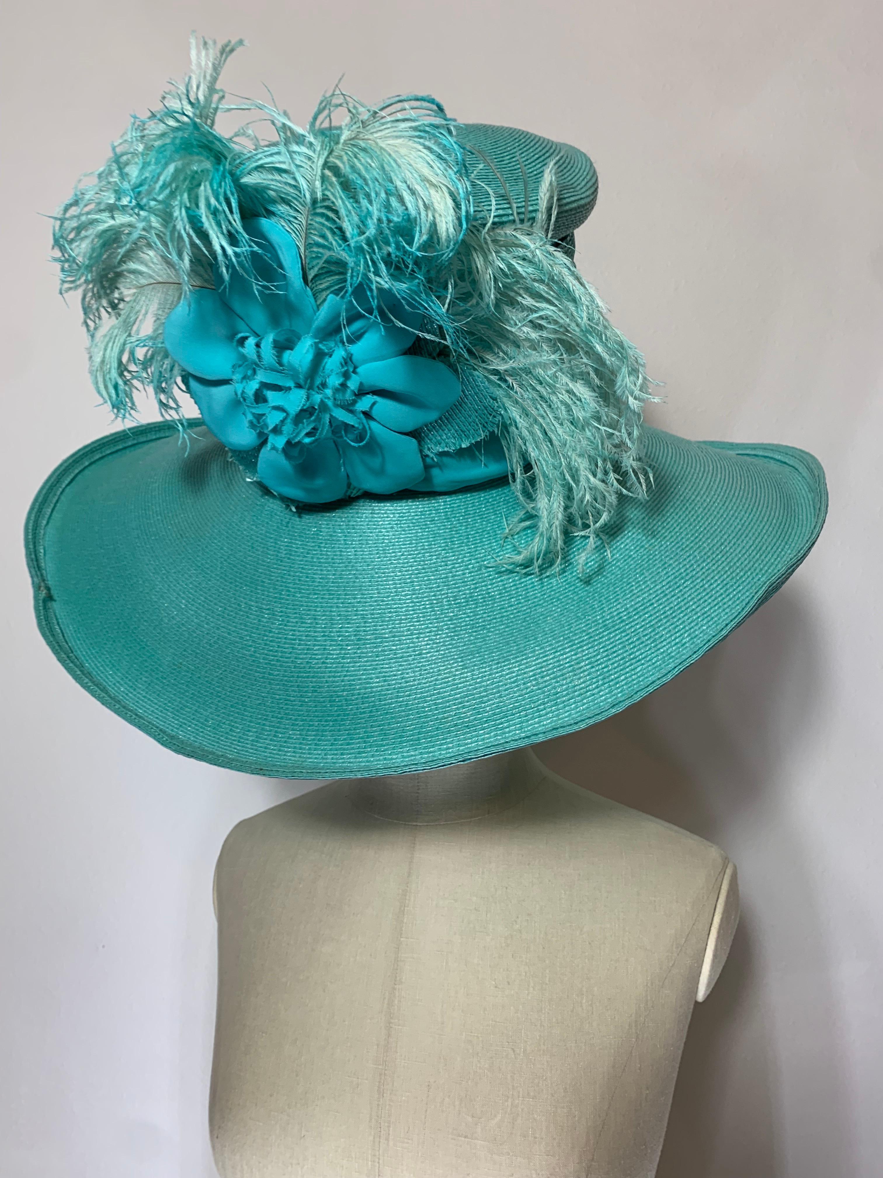 2005 Maison Michel Aqua Straw Wide Brim Hat w Extravagant Feather & Floral Trim For Sale 9