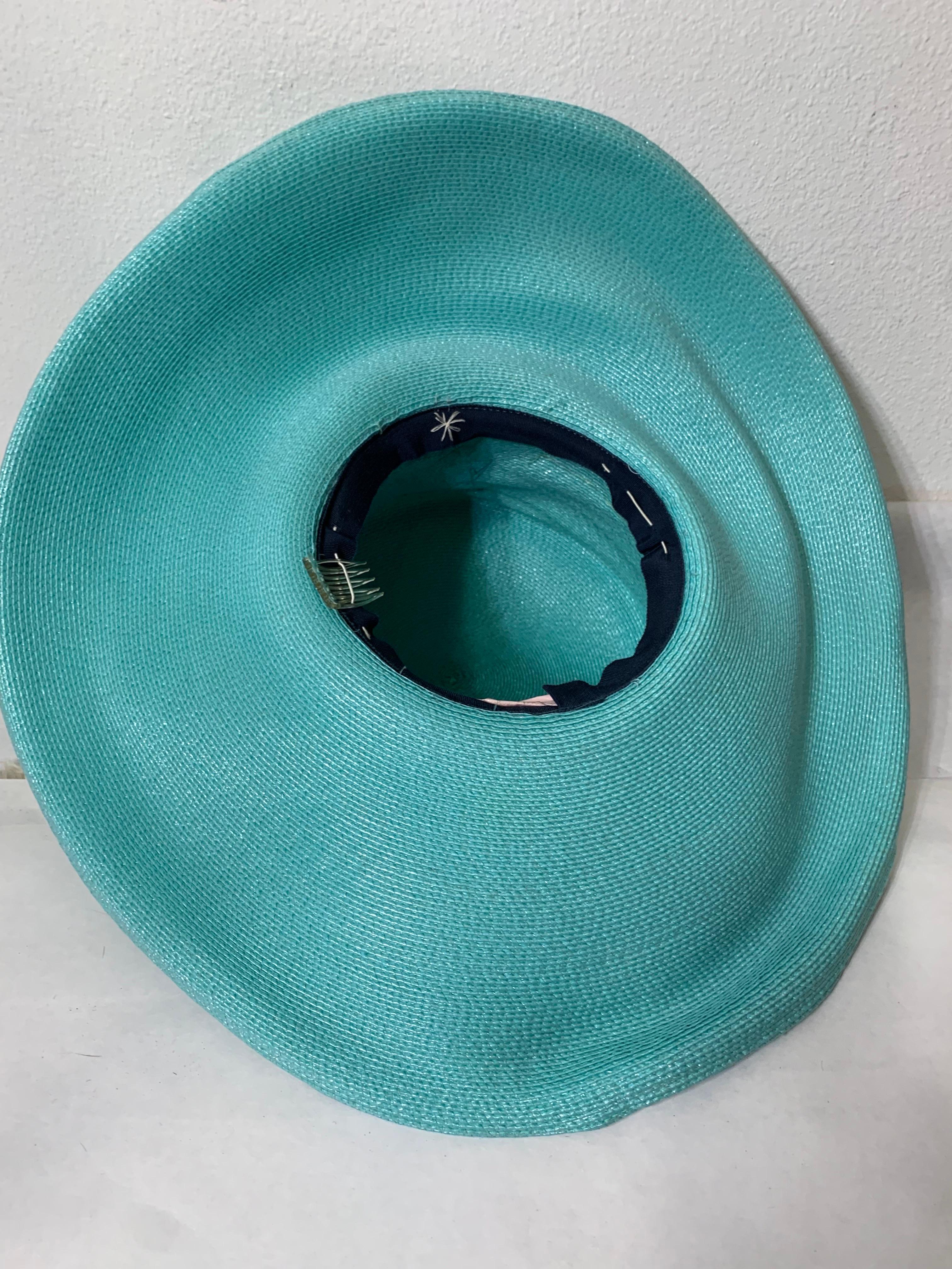 2005 Maison Michel Aqua Straw Wide Brim Hat w Extravagant Feather & Floral Trim For Sale 10