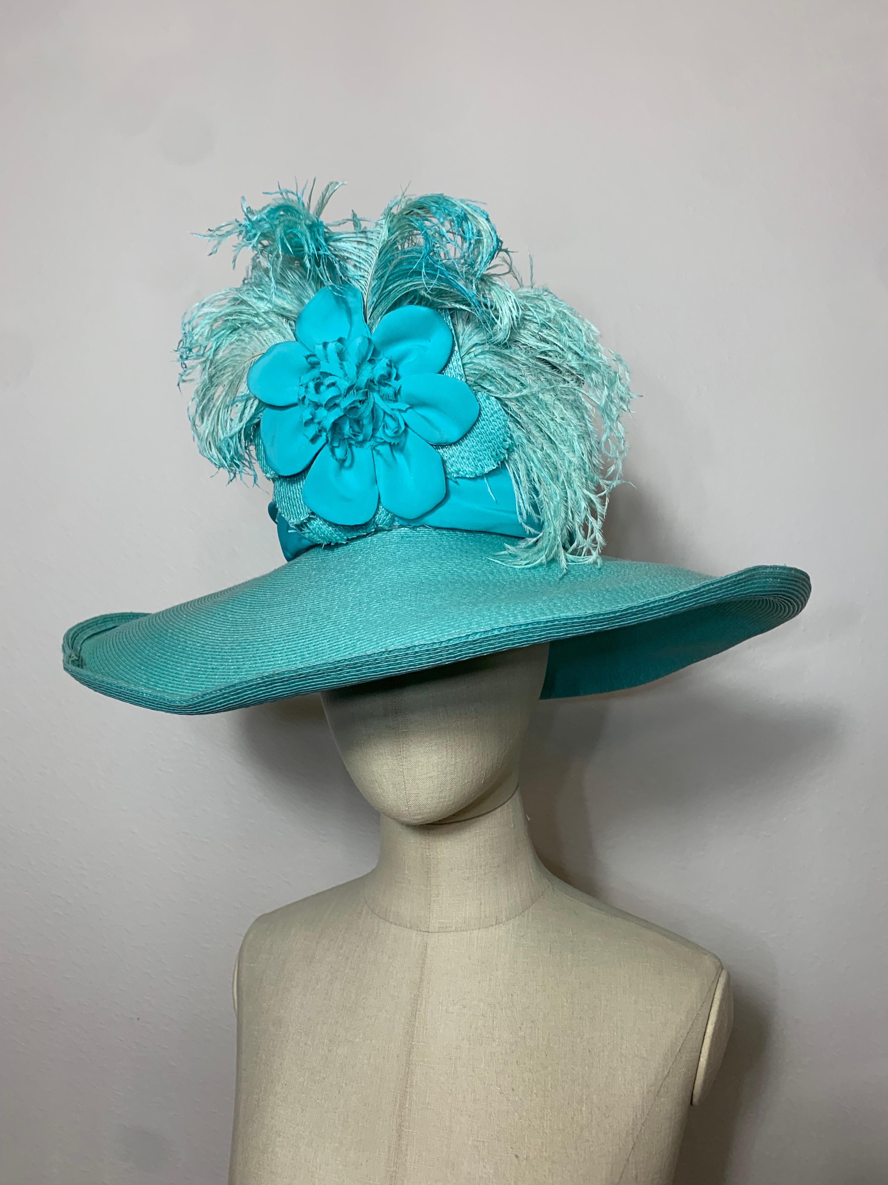 2005 Maison Michel Aqua Straw Wide Brim Hat w Extravagant Feather & Floral Trim In Excellent Condition For Sale In Gresham, OR
