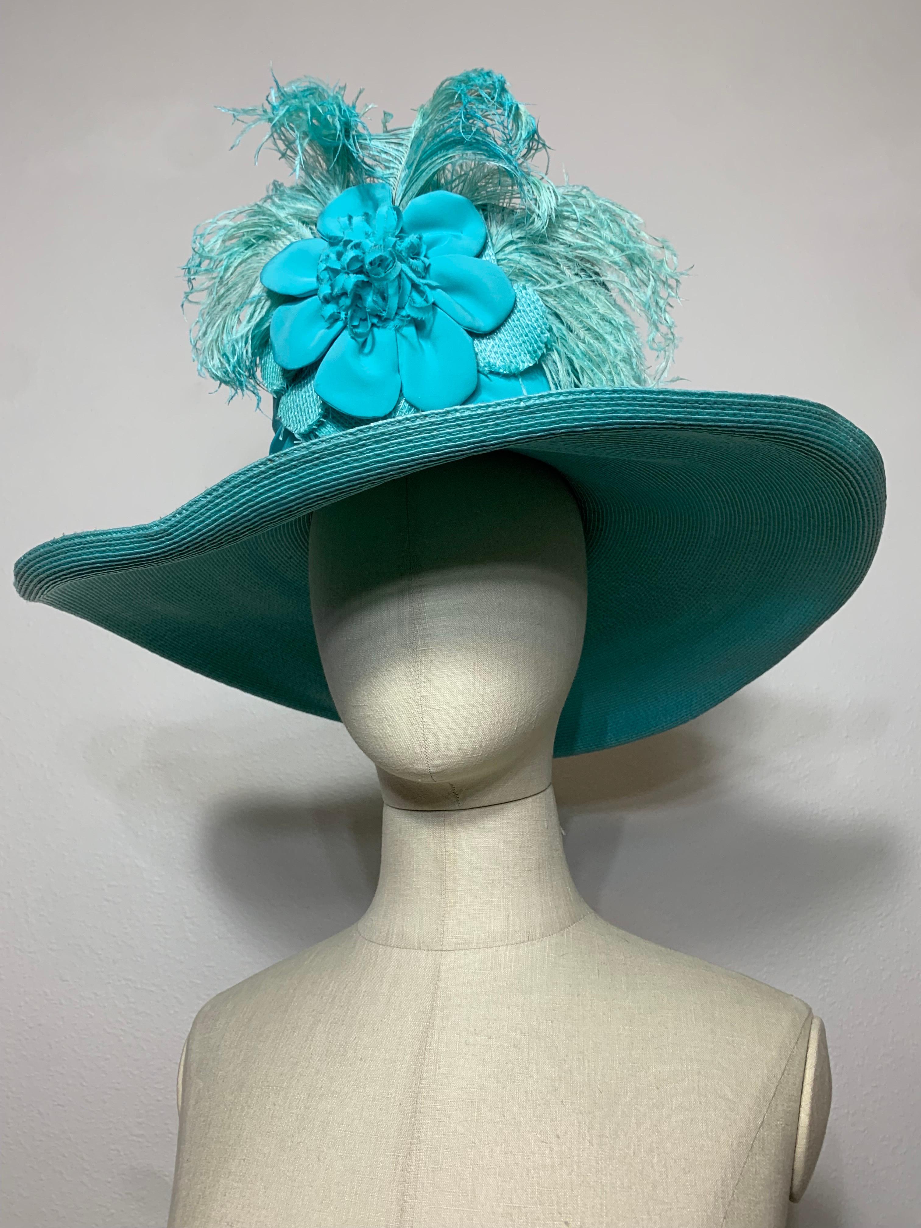 Women's 2005 Maison Michel Aqua Straw Wide Brim Hat w Extravagant Feather & Floral Trim For Sale