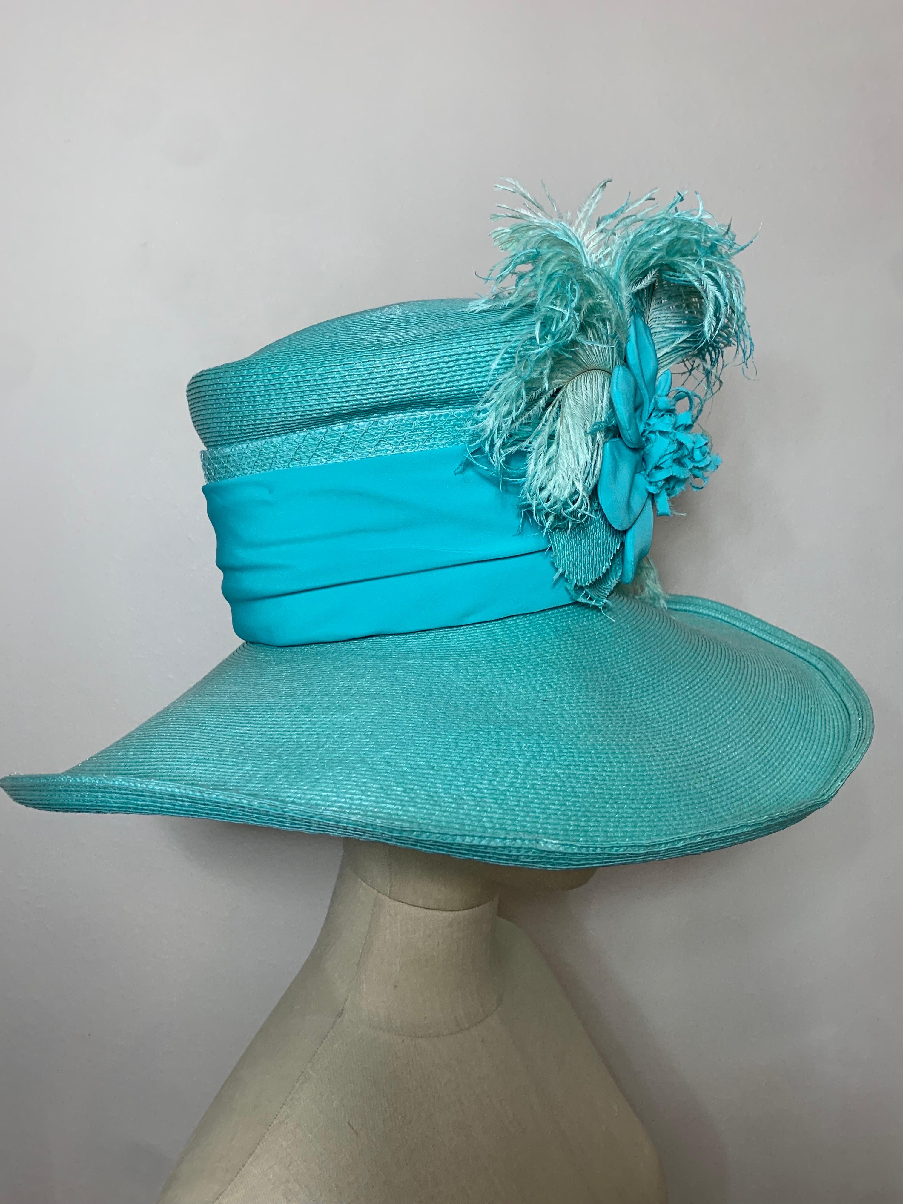 2005 Maison Michel Aqua Straw Wide Brim Hat w Extravagant Feather & Floral Trim For Sale 1