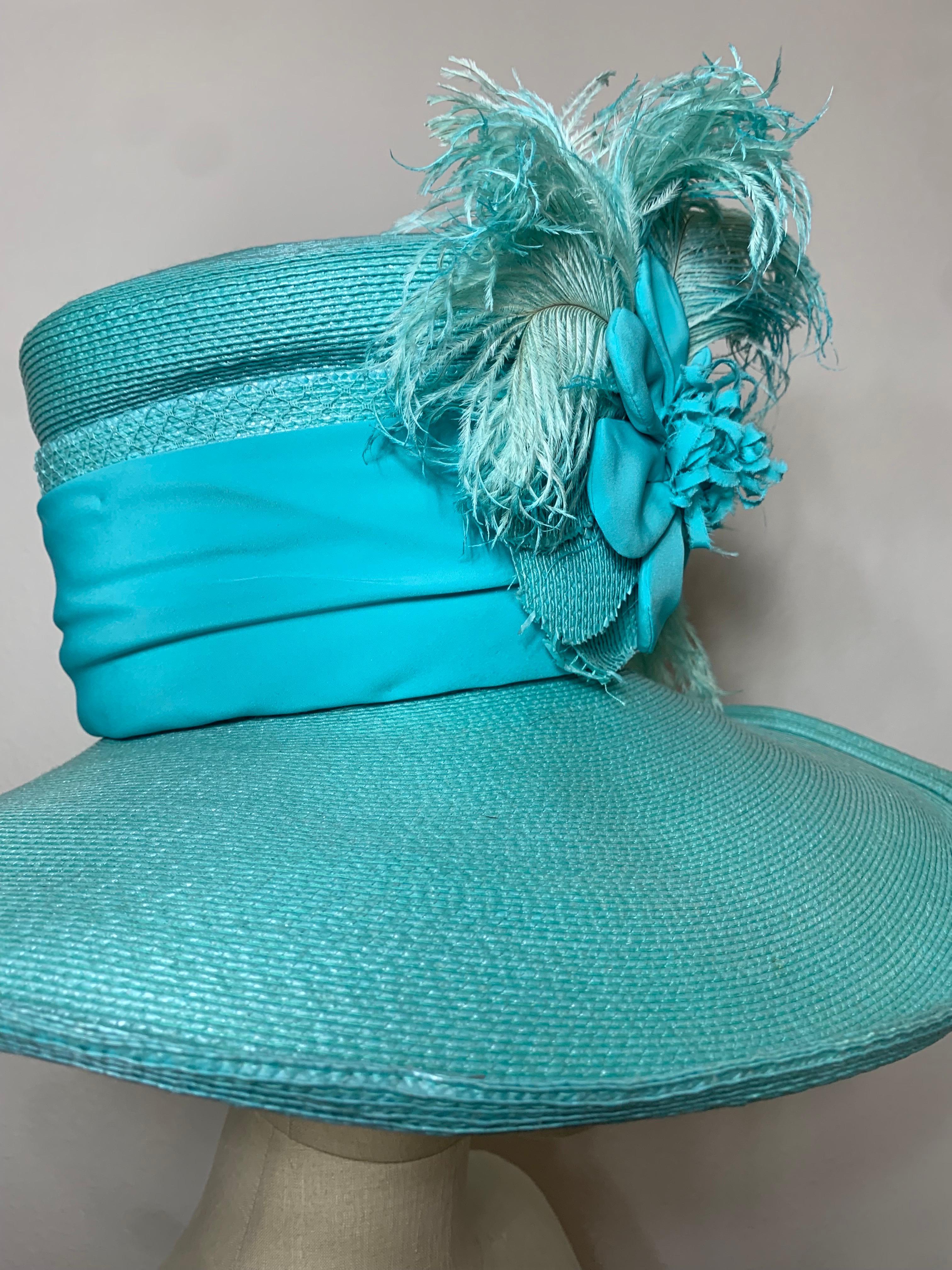 2005 Maison Michel Aqua Straw Wide Brim Hat w Extravagant Feather & Floral Trim For Sale 2