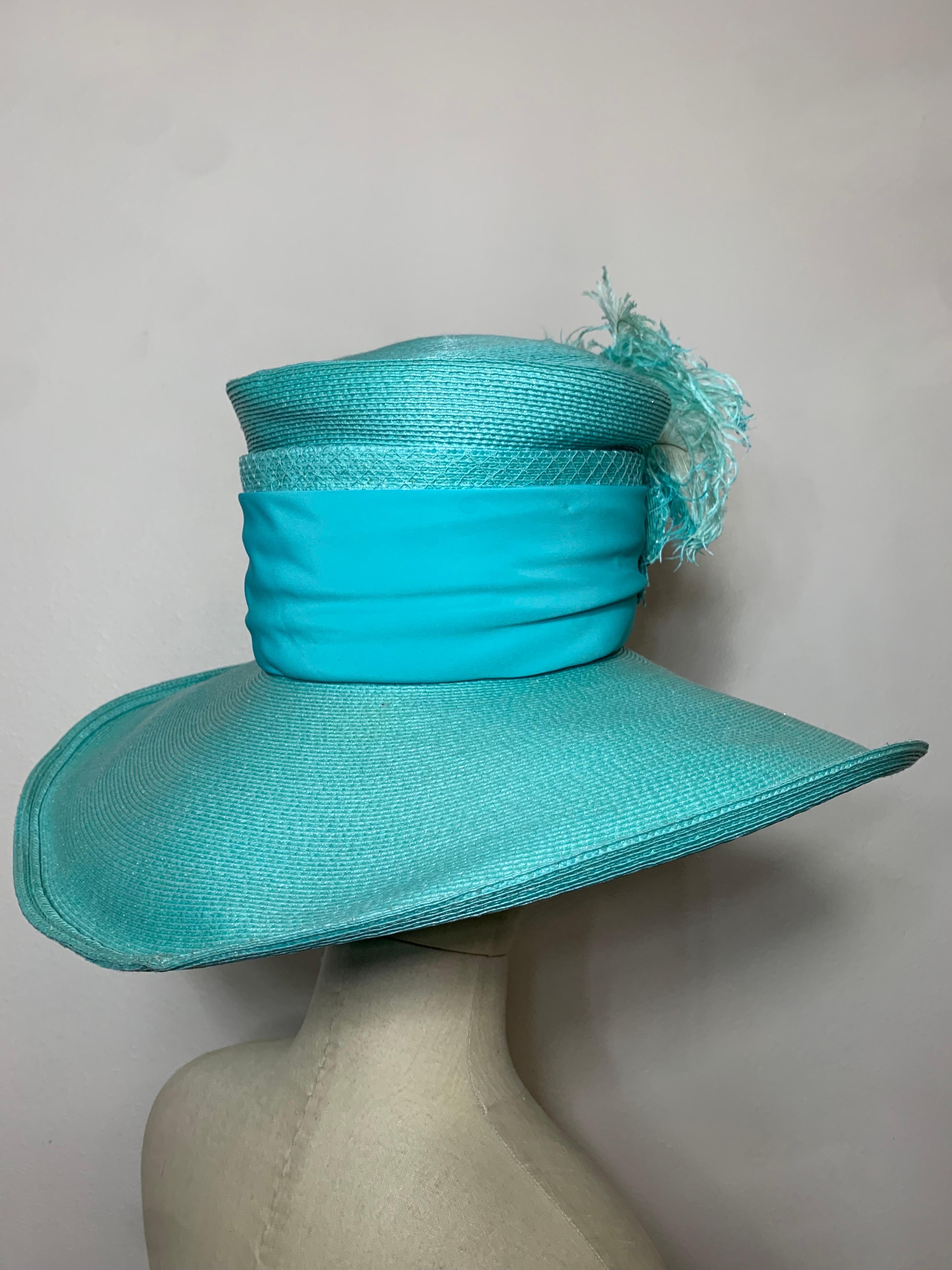 2005 Maison Michel Aqua Straw Wide Brim Hat w Extravagant Feather & Floral Trim For Sale 3