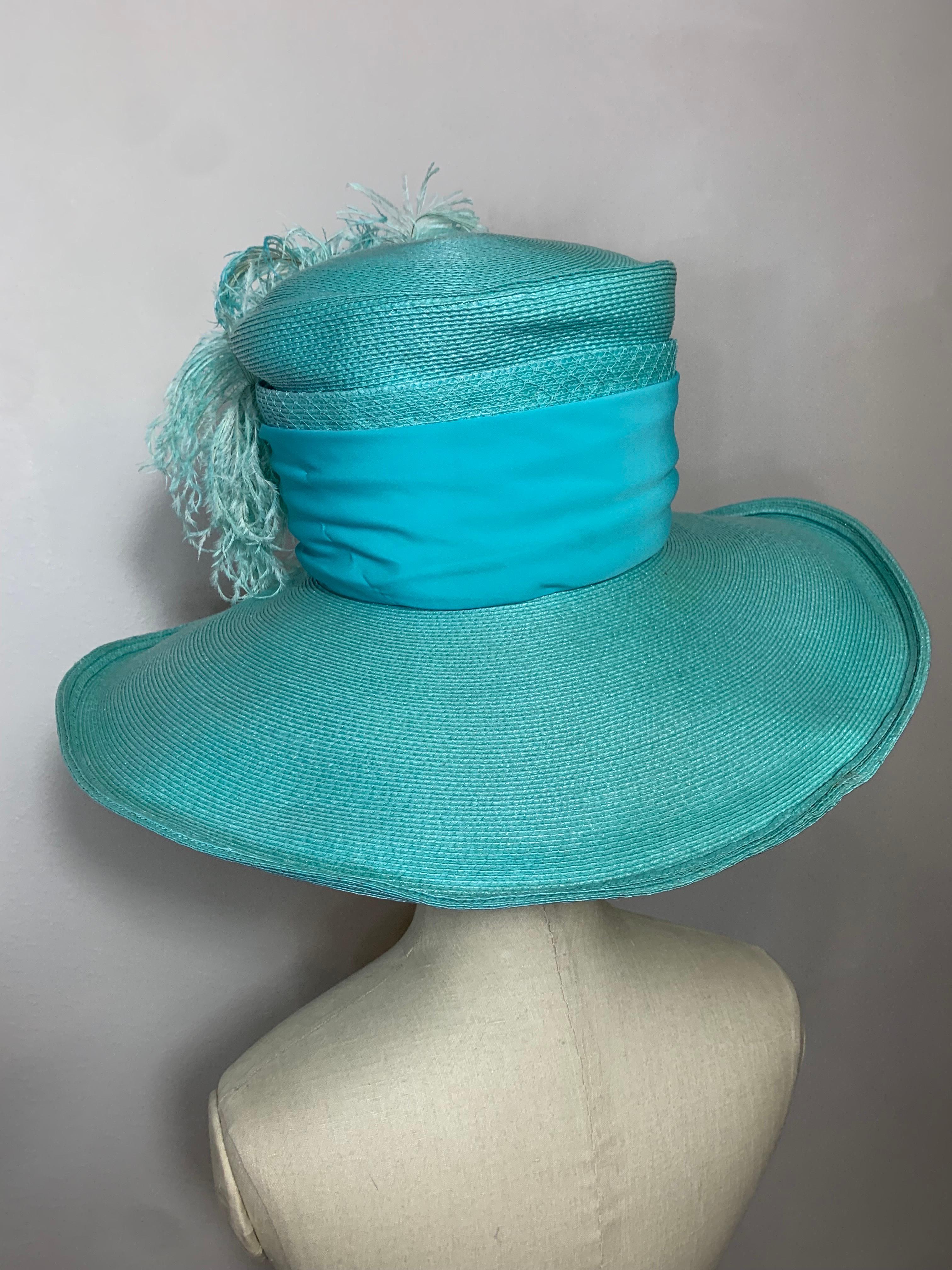 2005 Maison Michel Aqua Straw Wide Brim Hat w Extravagant Feather & Floral Trim For Sale 4