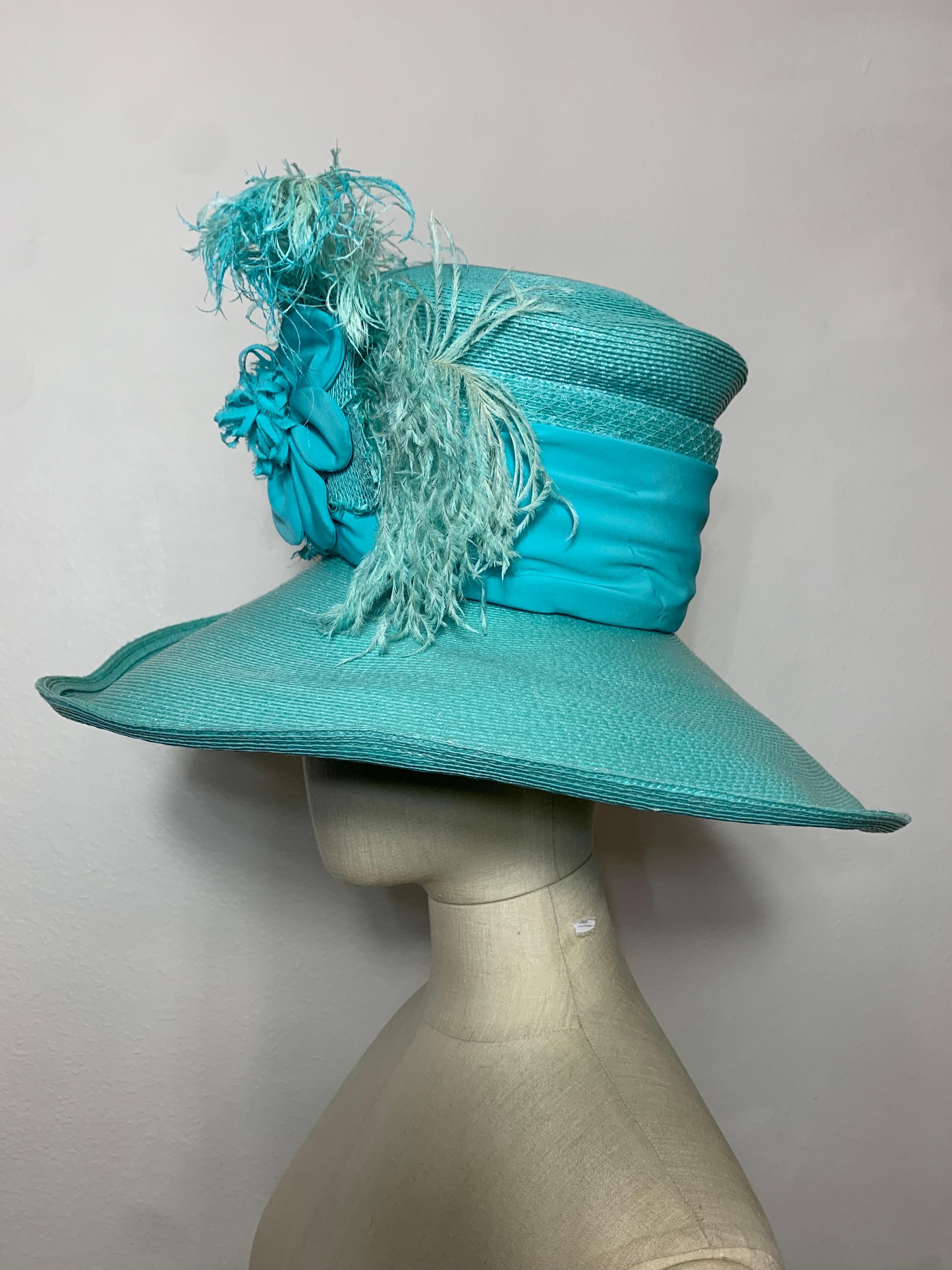 2005 Maison Michel Aqua Straw Wide Brim Hat w Extravagant Feather & Floral Trim For Sale 5