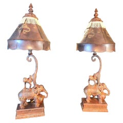 Vintage 2005 Maitland Smith Figurative Monkey and Elephant Lamps, a Pair