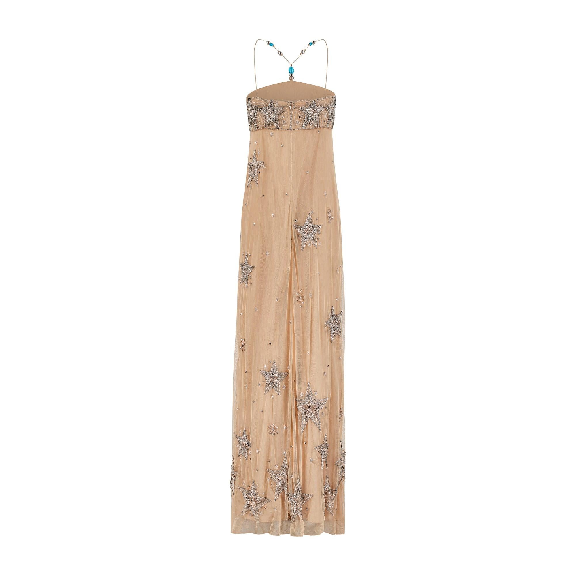 Beige 2005 Matthew Williamson Nude Mesh Celestial Embellished Maxi Dress For Sale