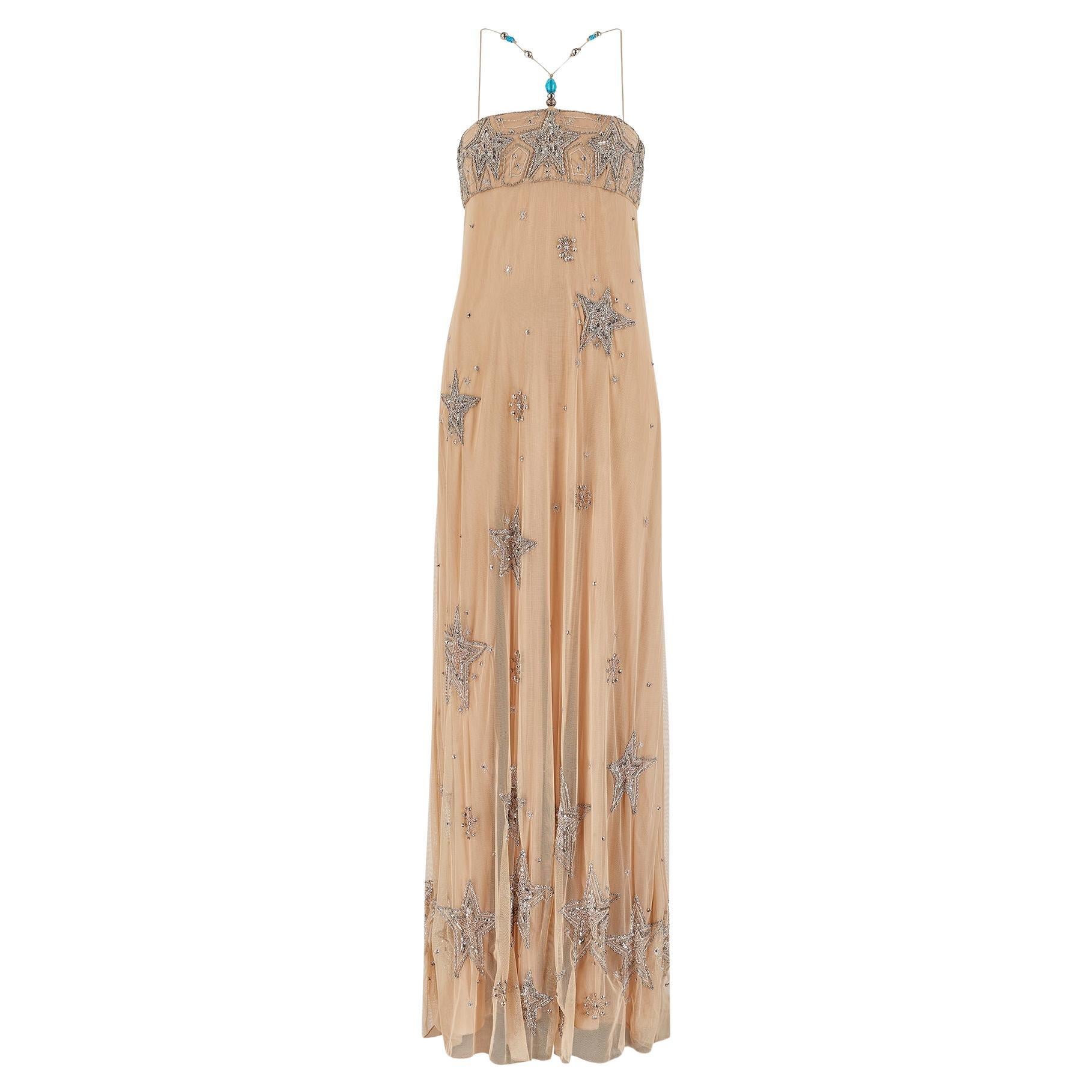 2005 Matthew Williamson Nude Mesh Celestial Embellished Maxi Dress For Sale