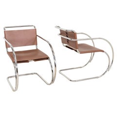 2005 Pair of Mies van der Rohe for Knoll Leather & Chrome Steel MR20 Armchair