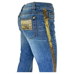 2005 Roberto Cavalli Rhinestone Logo Low-Rise Gold Chainmail Panel Blue Jeans