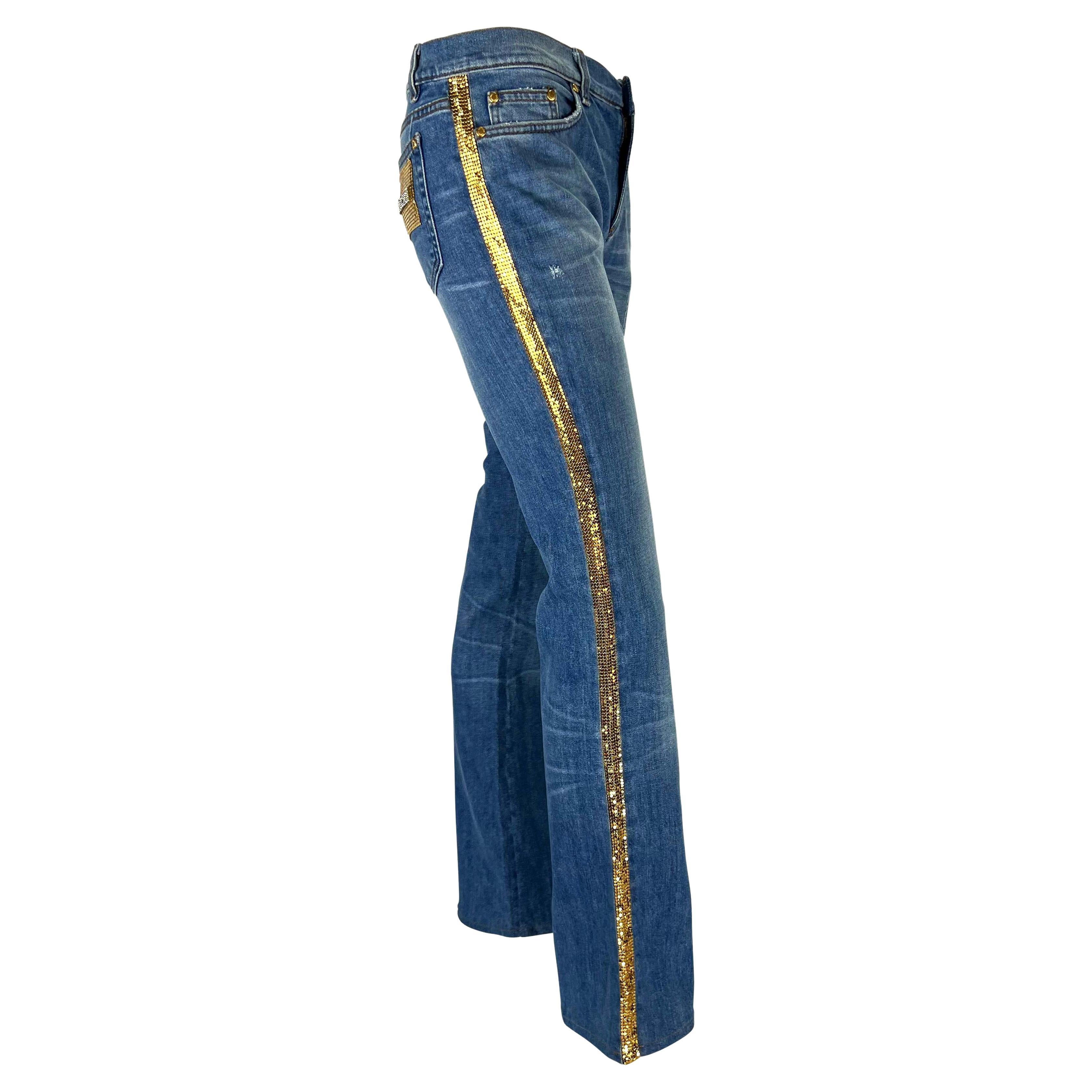 2005 Roberto Cavalli Rhinestone Logo Low-Rise Gold Chainmail Panel Blue Jeans For Sale 2