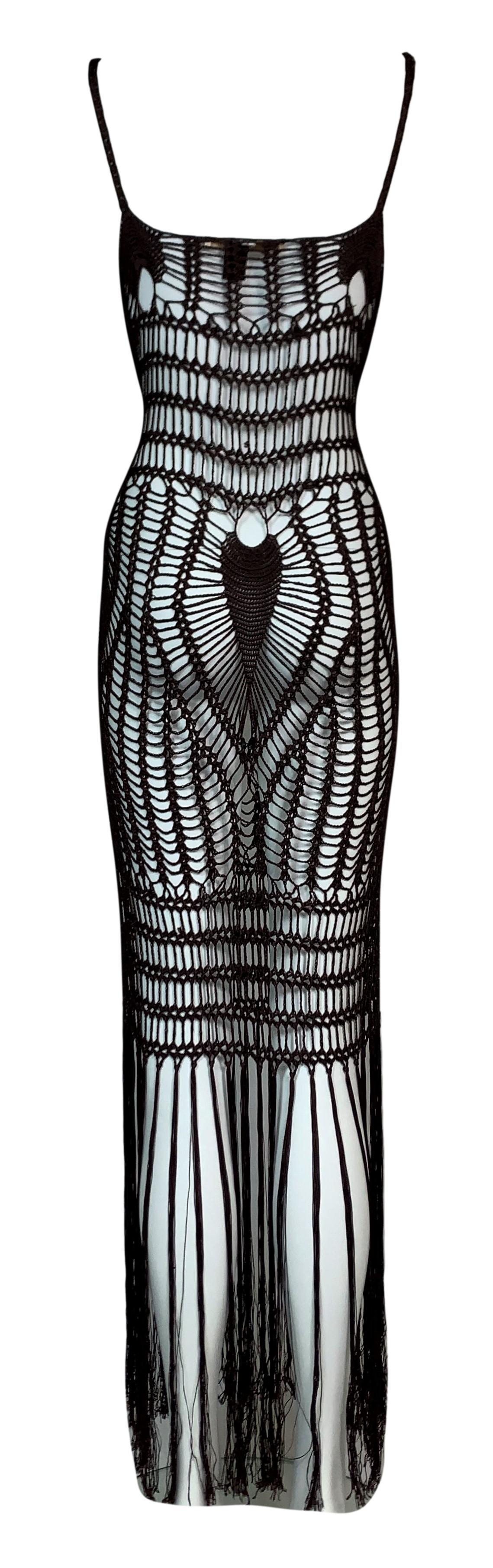 Black 2005 Roberto Cavalli Sheer Brown Knit Fringe Bodycon Maxi Dress