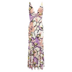 2005 Roberto Cavalli White Stretch Purple Floral Serpent Maxi Dress