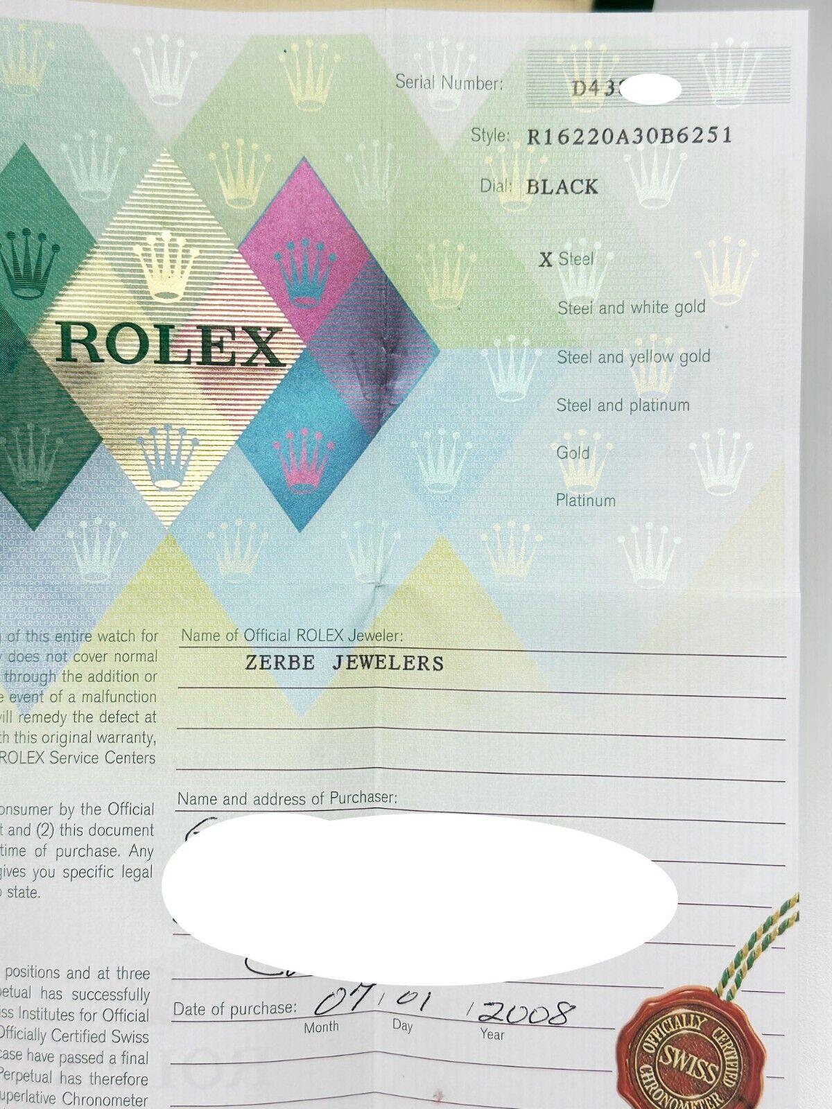 2005 Rolex Datejust 16220 Schwarzes Zifferblatt Edelstahl-Kastenpapier 4