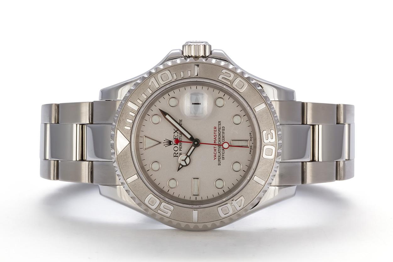 We are pleased to offer this 2005 Rolex Stainless Steel Platinum Oyster Perpetual Yacht-Master 16622. This is a great classic mens watch featuring a stainless steel 40mm case, stainless steel oyster bracelet with polished center link and stainless