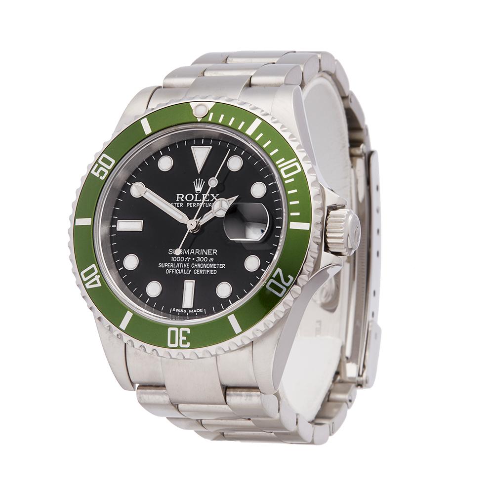 Contemporary 2005 Rolex Submariner Kermit Stainless Steel 16610LV Wristwatch
 *
 *Complete with: Box, Manuals & Guarantee dated 1st November 2005
 *Case Size: 40mm
 *Strap: Stainless Steel Oyster
 *Age: 2005
 *Strap length: Adjustable up to 20cm.