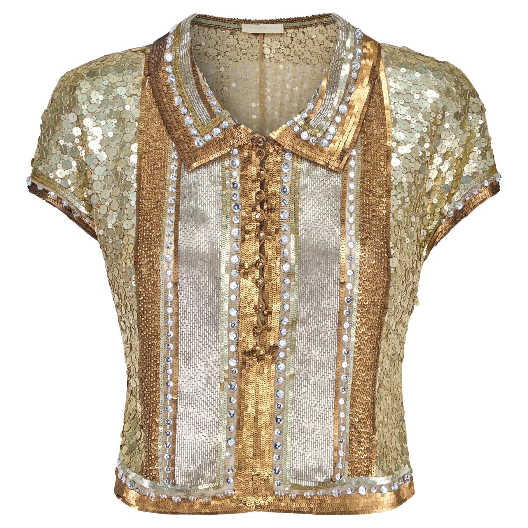 2005 Runway Documented Valentino Gold Embellished Cropped Shirt For Sale