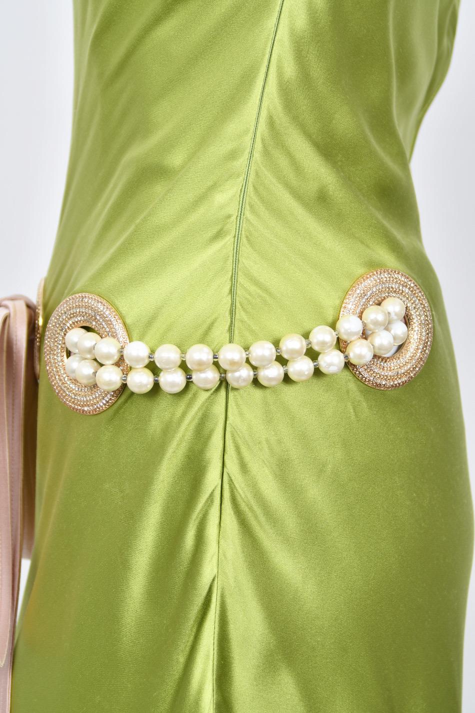2005 Valentino Runway Chartreuse Silk Draped-Pearls Reverse Halter Glamour Gown 5