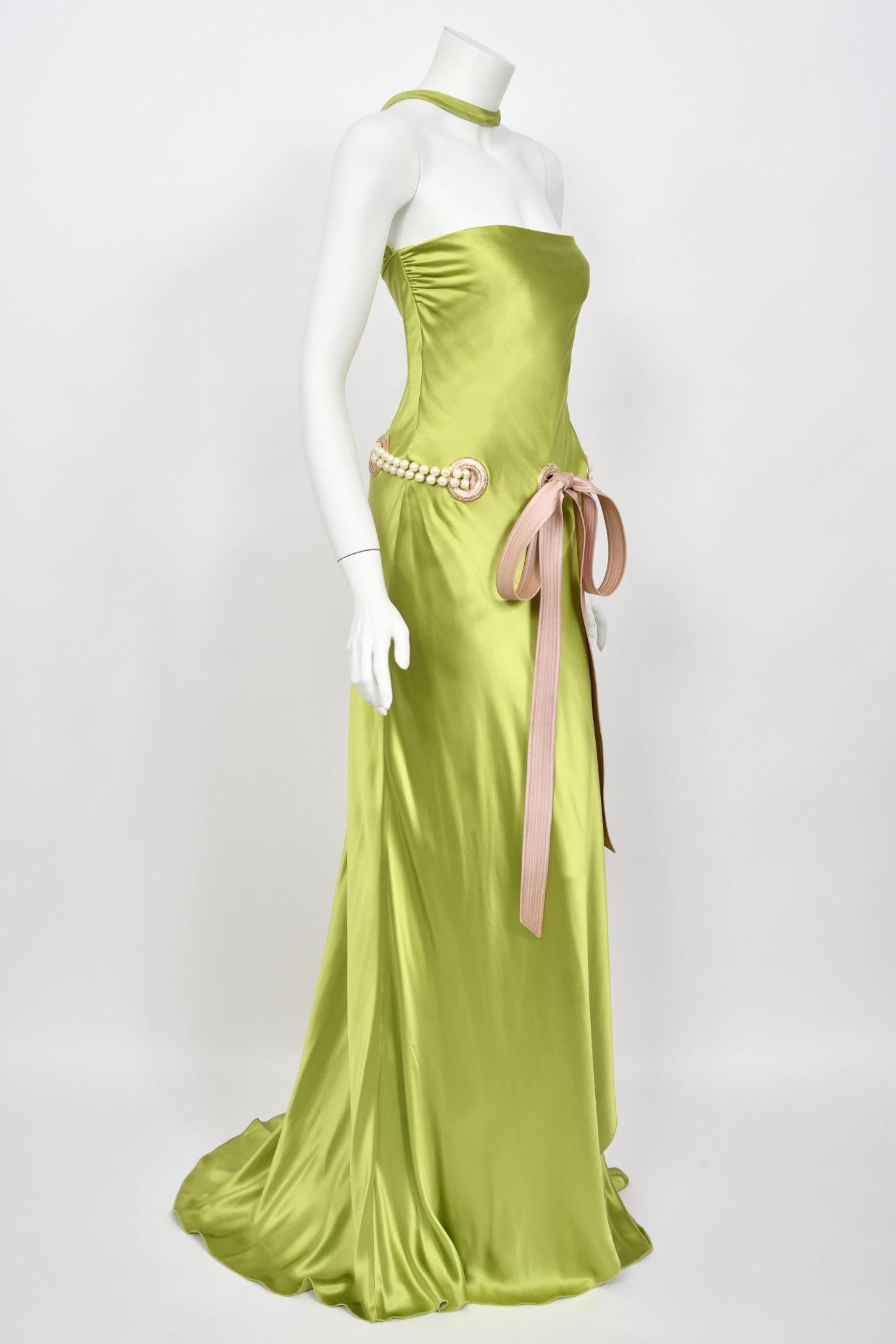 2005 Valentino Runway Chartreuse Silk Draped-Pearls Reverse Halter Glamour Gown 7