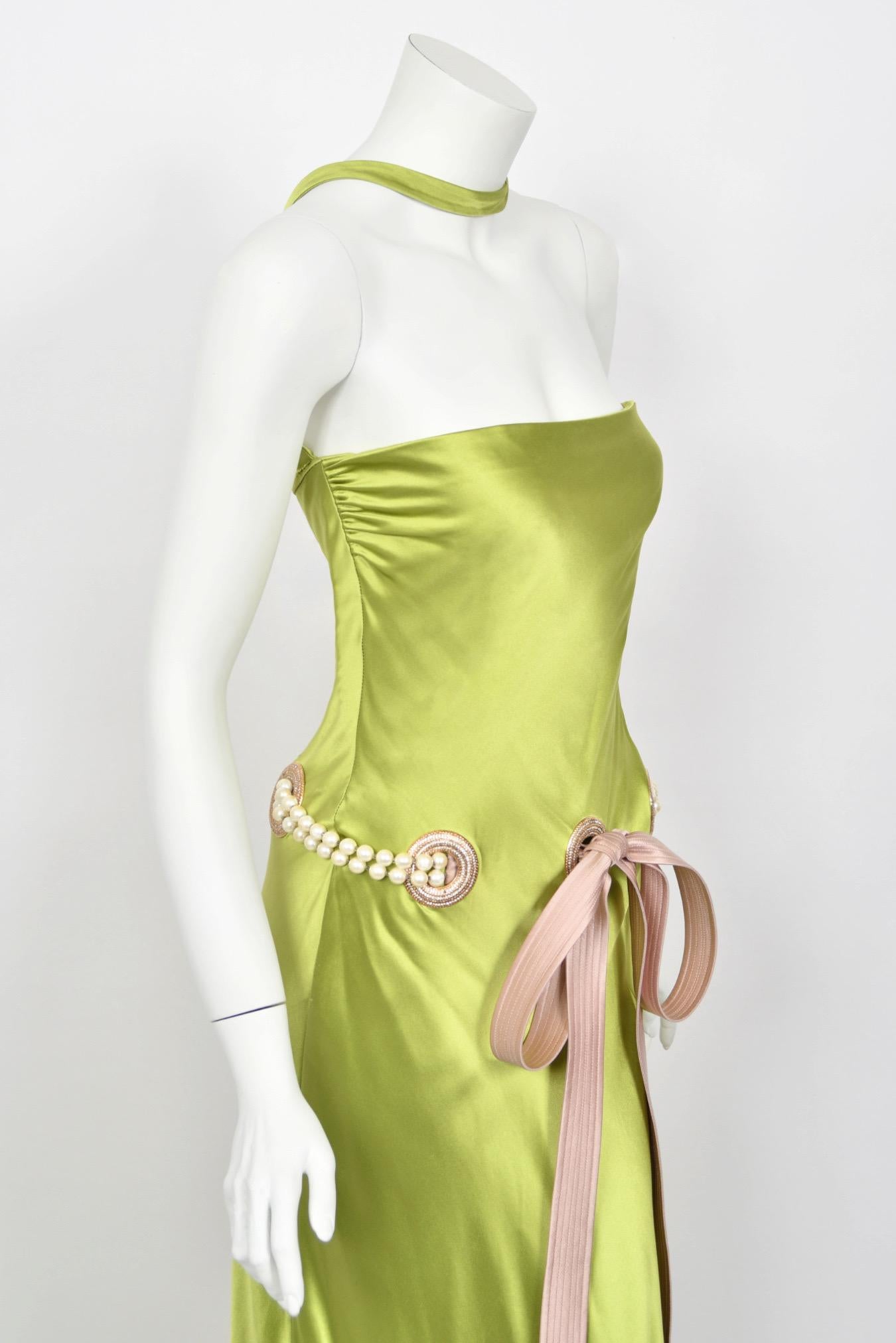 2005 Valentino Runway Chartreuse Silk Draped-Pearls Reverse Halter Glamour Gown 8