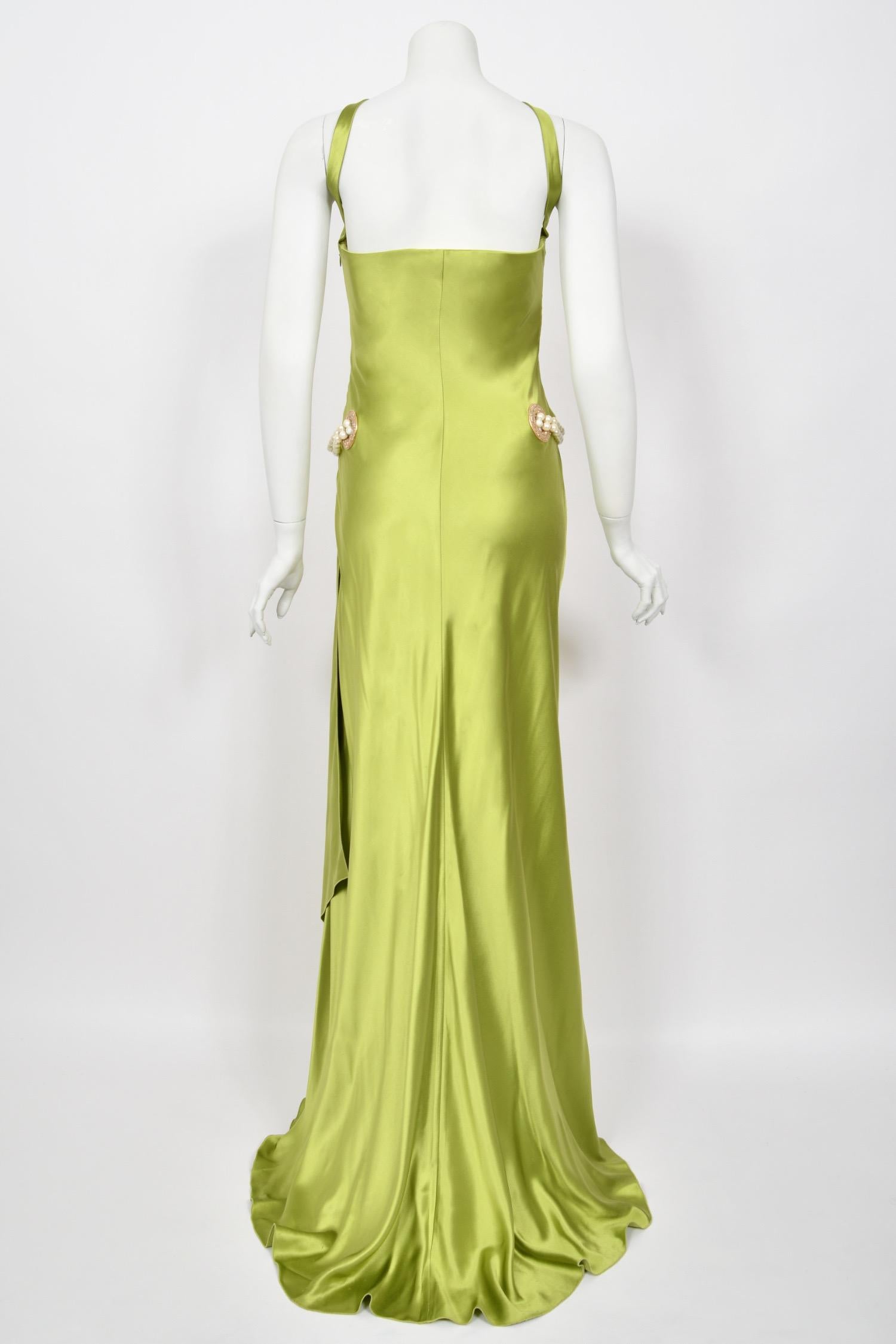 2005 Valentino Runway Chartreuse Silk Draped-Pearls Reverse Halter Glamour Gown 9