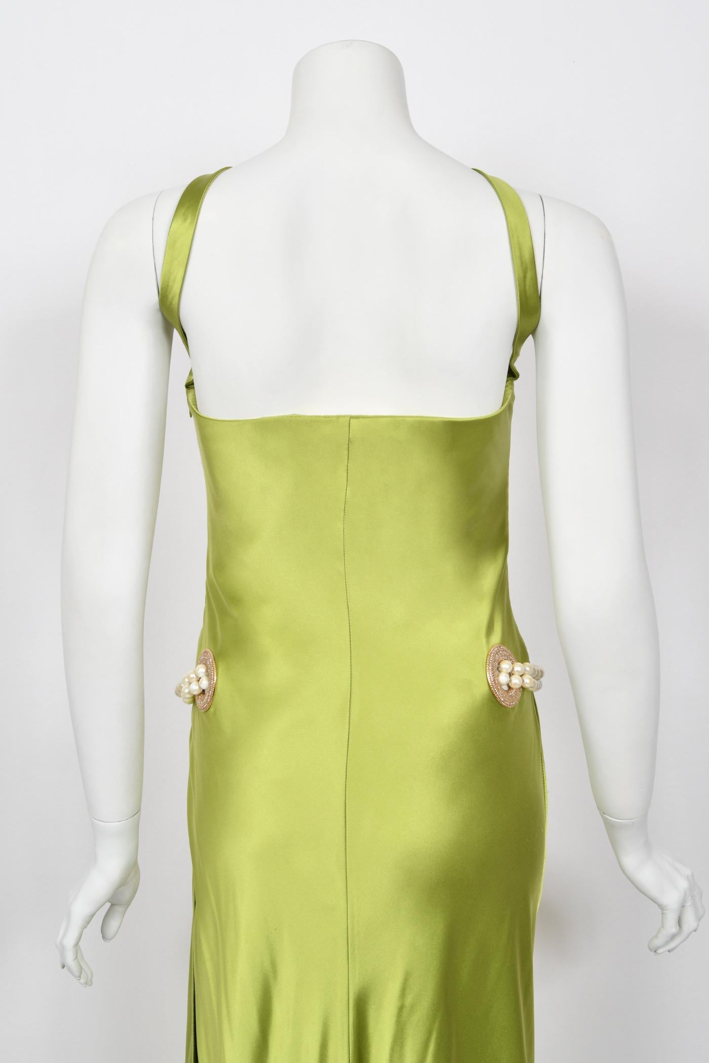 2005 Valentino Runway Chartreuse Silk Draped-Pearls Reverse Halter Glamour Gown 10