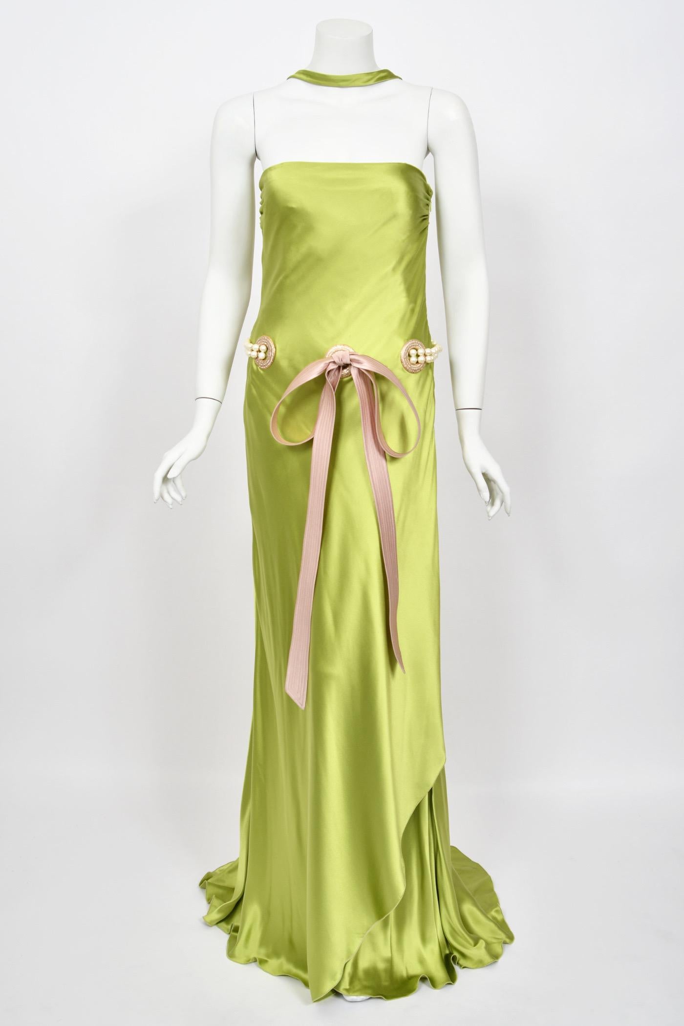 Women's 2005 Valentino Runway Chartreuse Silk Draped-Pearls Reverse Halter Glamour Gown